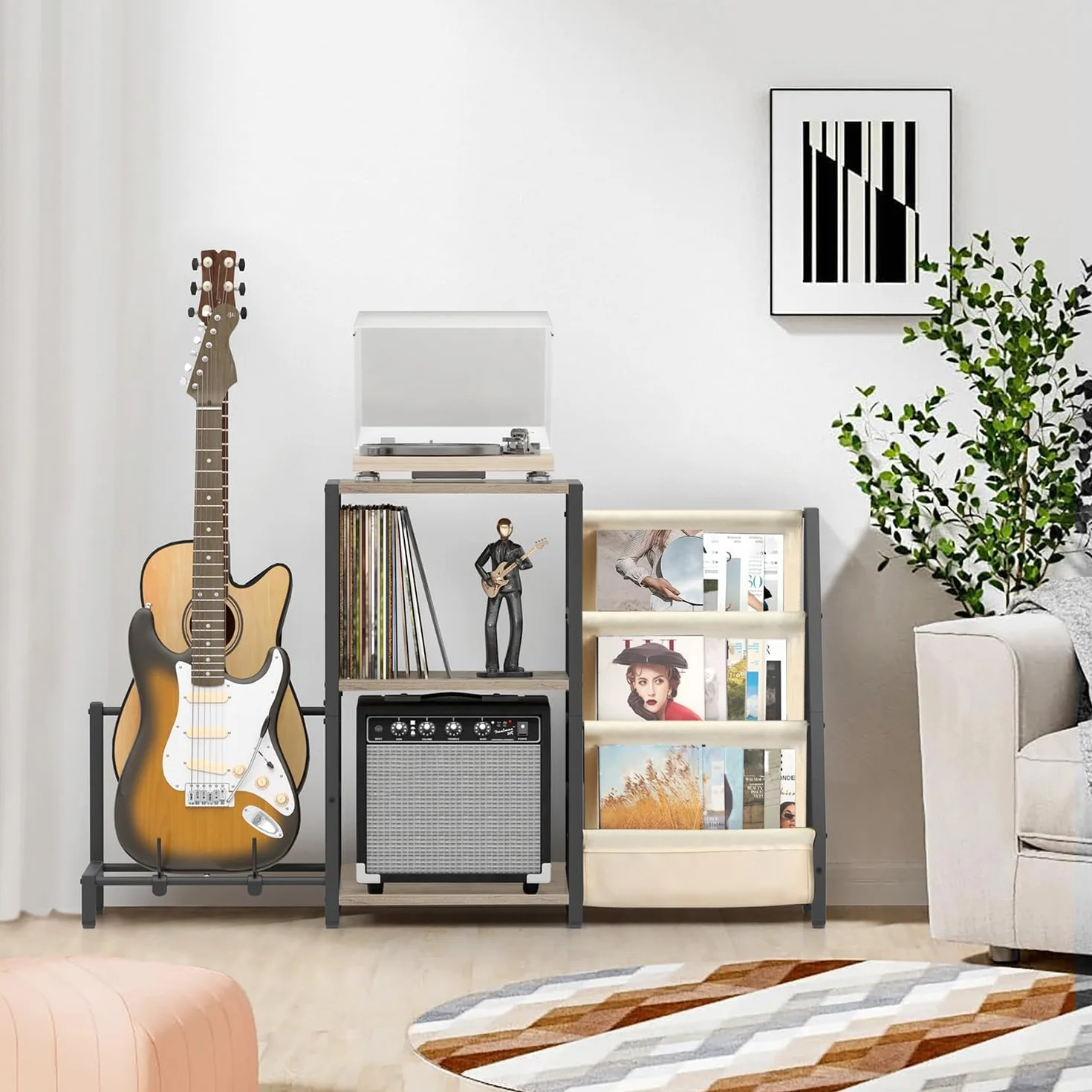 Stojak na Gramofon z 3 Poziomami Przechowywania Winyli i Stojakiem na Gitarę, Biały