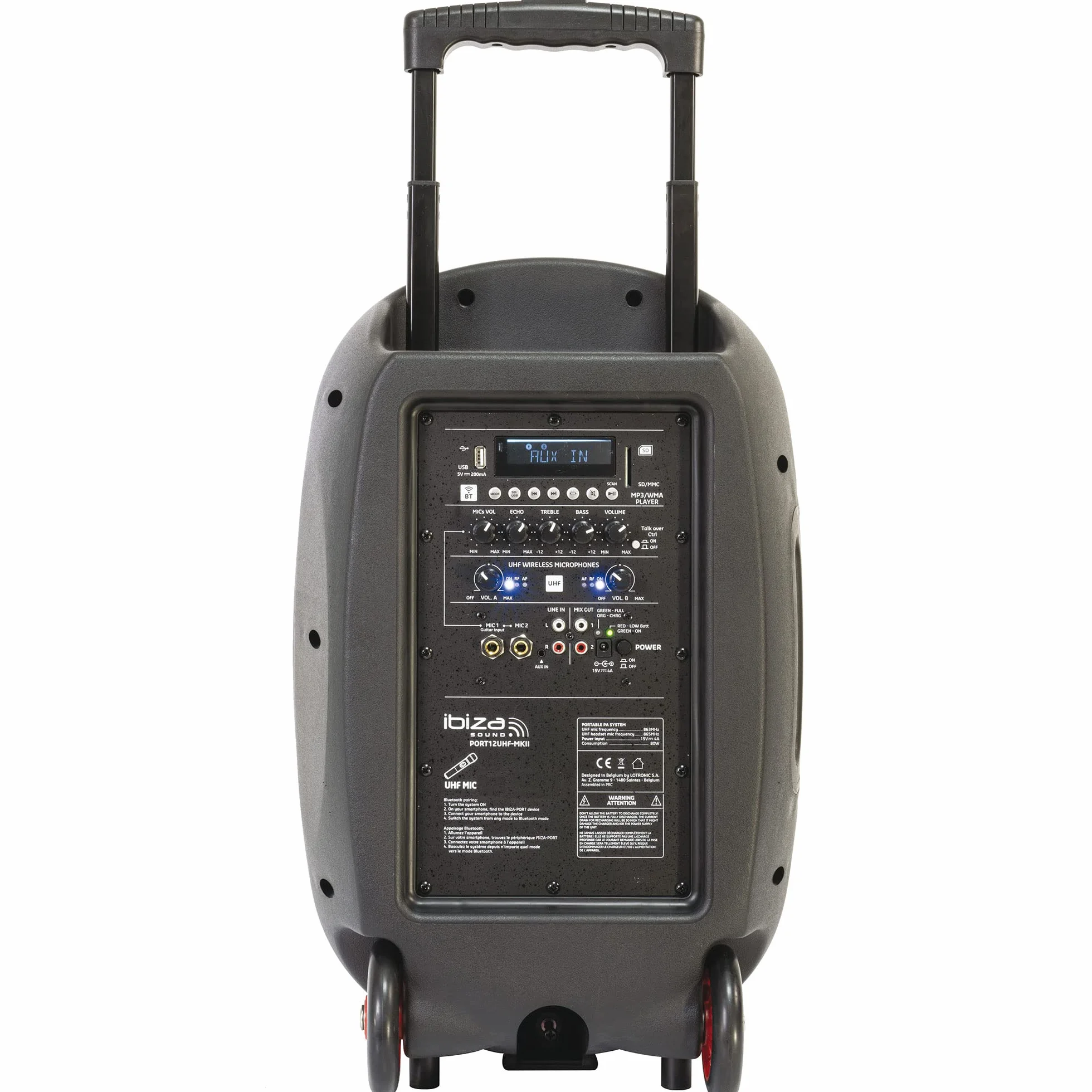 Ibiza - PORT12UHF-MKII-TWS - Przenośny głośnik 12"/700W MAX z 2 mikrofonami (UHF), pilotem zdalnego sterowania i pokrowcem ochronnym - Bluetooth, USB, SD i TWS - autonomia od 5 do 7h