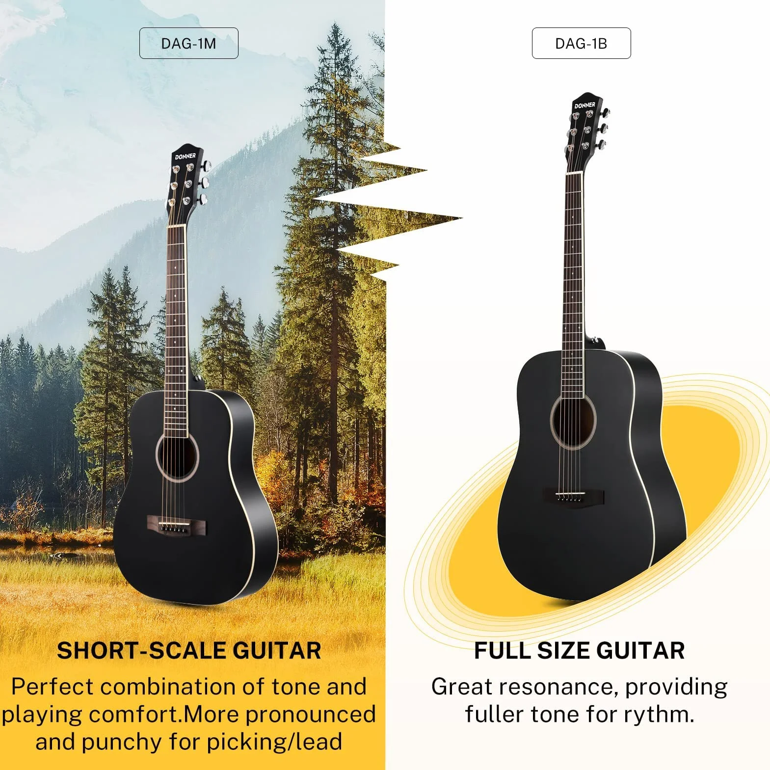 Donner Gitara akustyczna dla początkujących dorosłych 91 cm Dreadnought rozmiar 3/4 czarna gitara zestaw zestaw podróżny świerk drewno z torbą na koncert capo tuner pasek struna kostki gitarowe