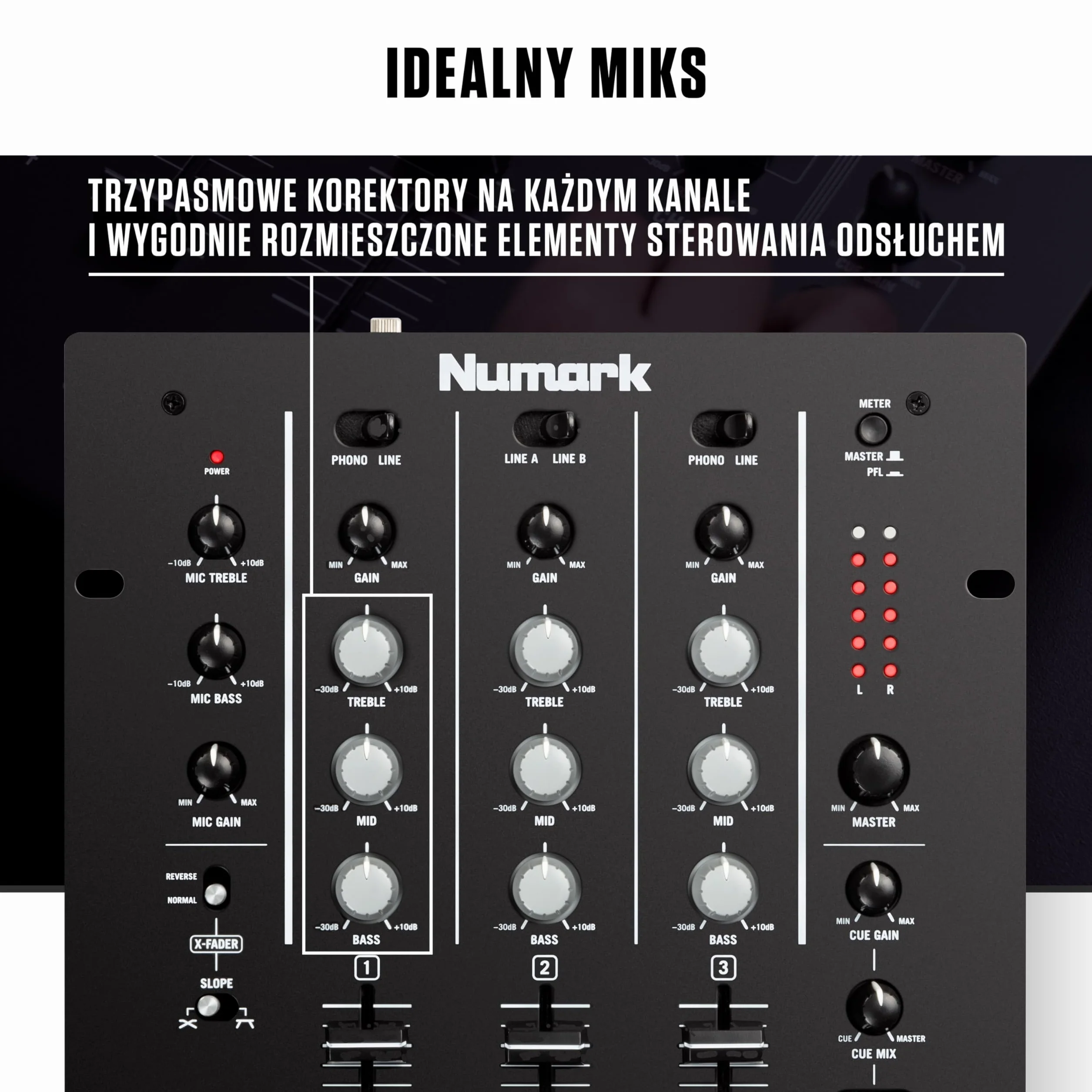 Numark M4 3-kanałowy mikser DJ-ski typu scratch do montażu w racku z 3-pasmowym EQ i crossfaderem