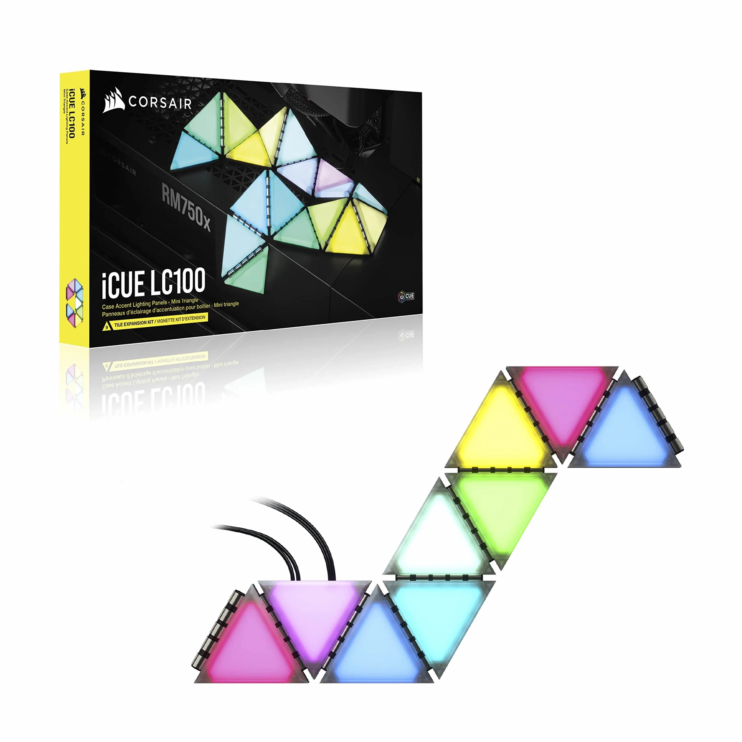 Corsair iCUE LC100 – Panele podświetlające na obudowę – minitrójkąt – minitrójkąt – zestaw rozszerzający z 9 płytkami1 (81 diod RGB LED z rozpraszającą światło, Proste mocowanie na magnes) Przejrzysty
