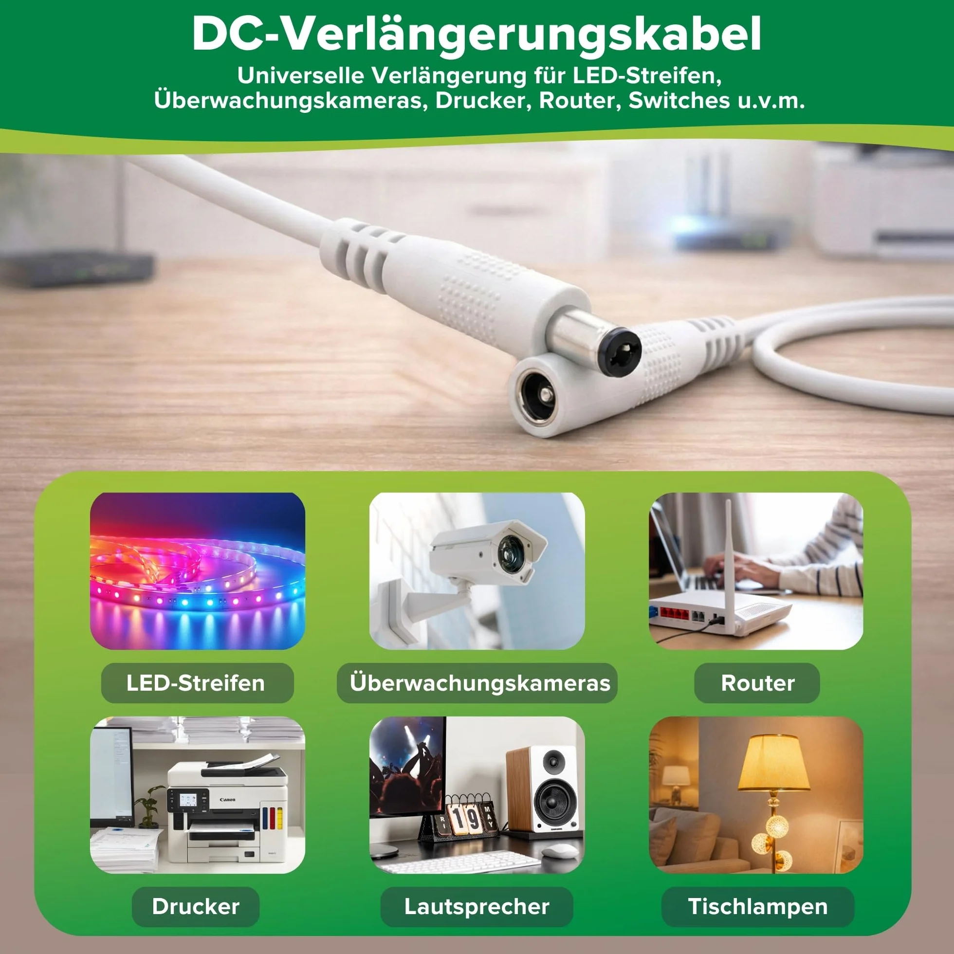 InLine - Przedłużacz DC, uniwersalny zasilacz sieciowy przedłużacz do taśm LED, kamer monitorujących, drukarek, routerów, przełączników i wielu innych, wtyk DC 5,5 x 2,1 mm, biały, 2 m