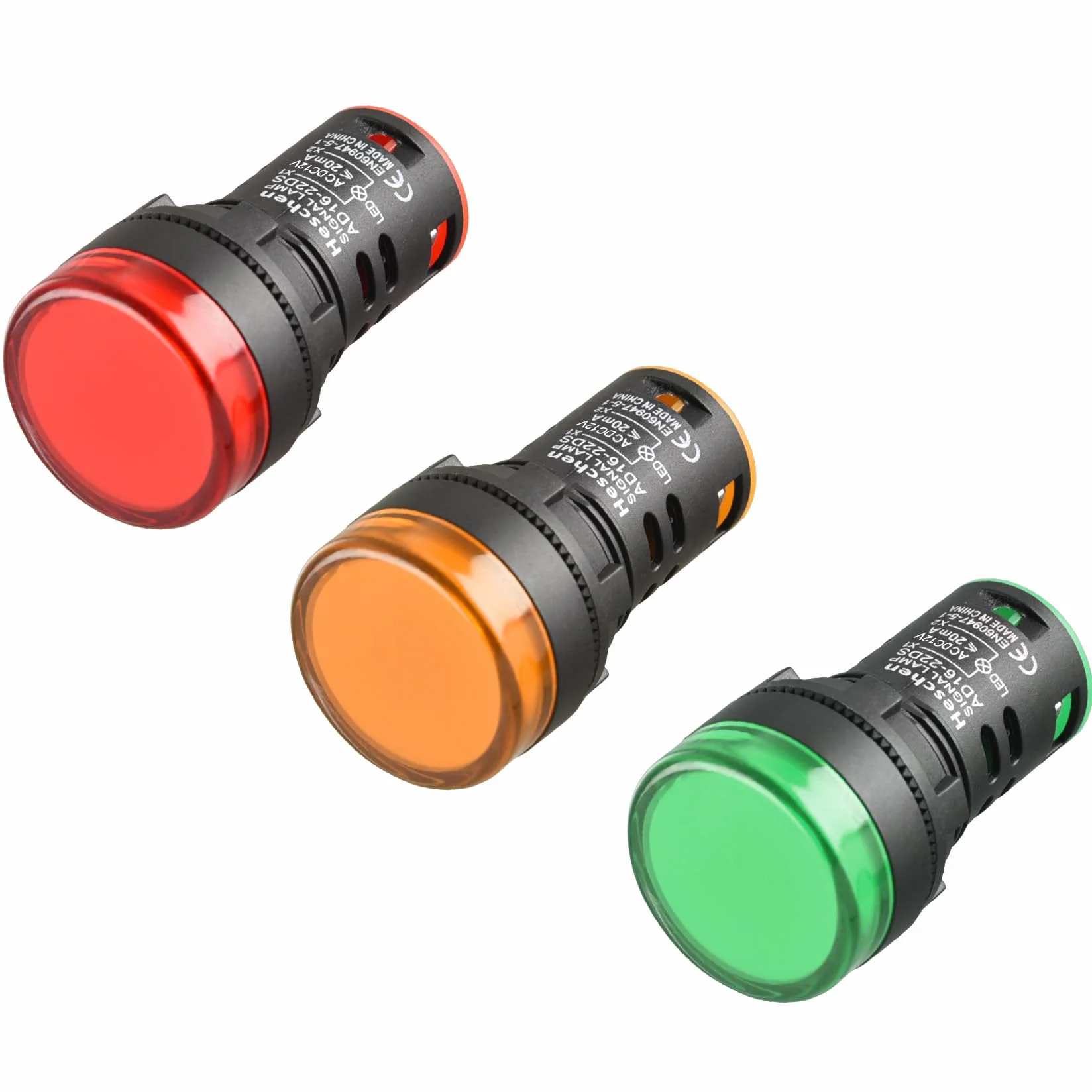 Heschen Lampka kontrolna LED 22 mm, AD16-22D/S, 12 V DC, 20 mA, czerwony zielony żółty kolor światła, 3 szt