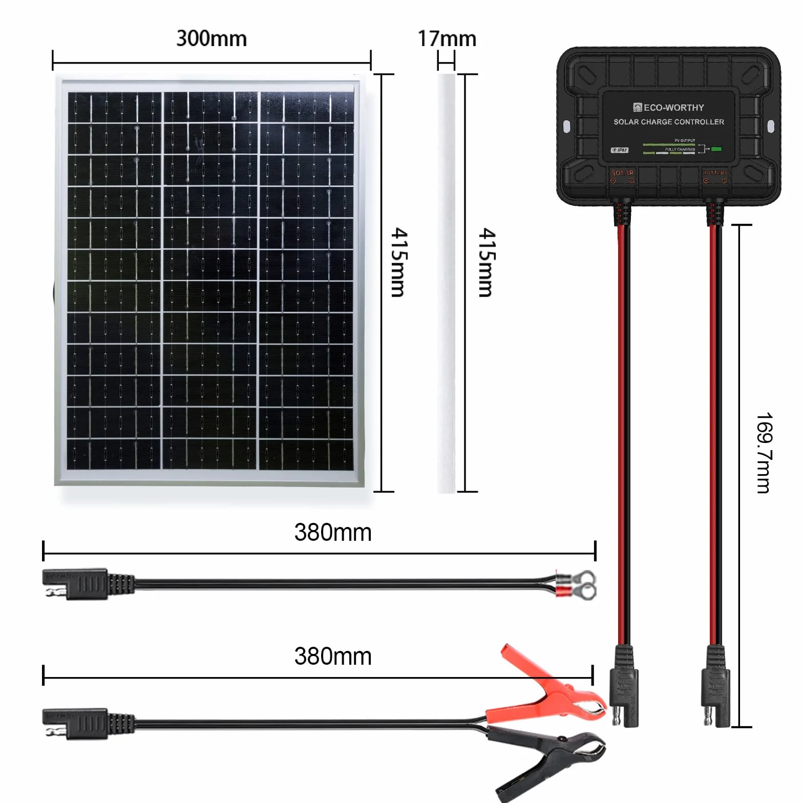 ECO-WORTHY Monokrystaliczny moduł solarny 25 W, 12 V, zestaw paneli słonecznych: panel słoneczny 25 W + regulowany uchwyt + kabel przyłączeniowy SAE + regulator ładowania do ogrodu, domku i łodzi