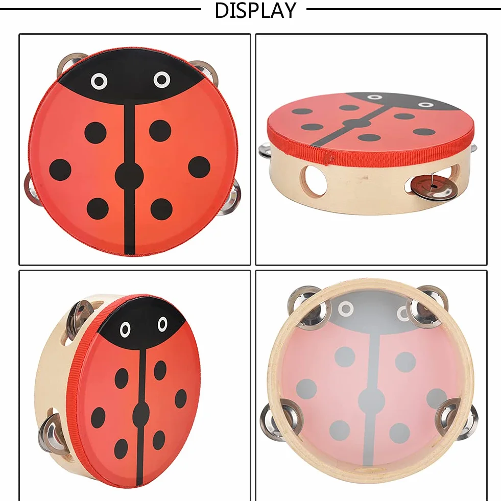 Drewniany tamburyn, 15 cm w kształcie biedronki drewniany ręczny tamburyn ręczny bęben dzwonek muzyczny instrument perkusyjny zabawka (#1)