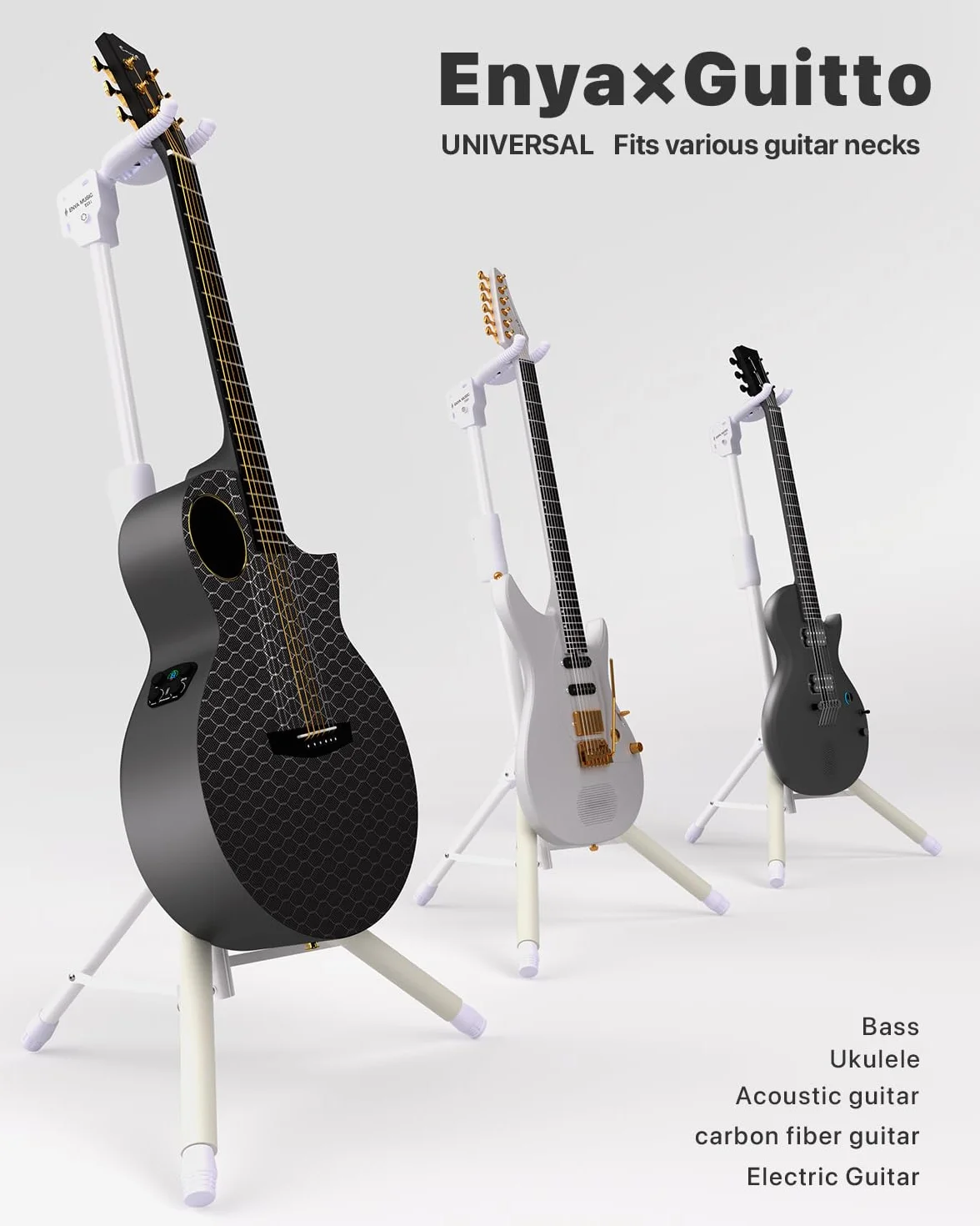 ENYA Regulowany stojak na gitarę (od 76 do 99 cm) z hakiem samochodowym, wykonany ze stali nierdzewnej, antypoślizgowa wyściółka i konstrukcja z trzema nogami do gitar akustycznych i elektrycznych.