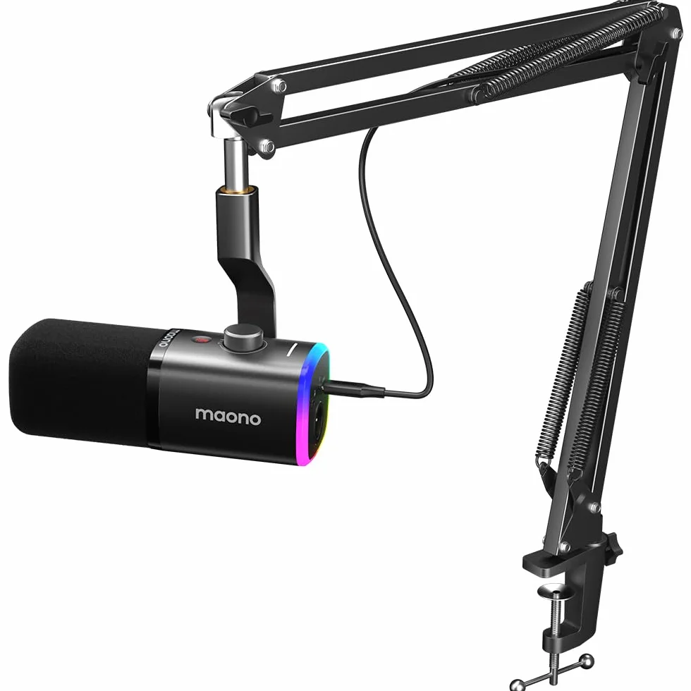 MAONO Dynamiczny mikrofon gamingowy XLR/USB z ramieniem wysięgnika, przycisk wyciszenia, sterowanie wzmocnieniem, RGB PC