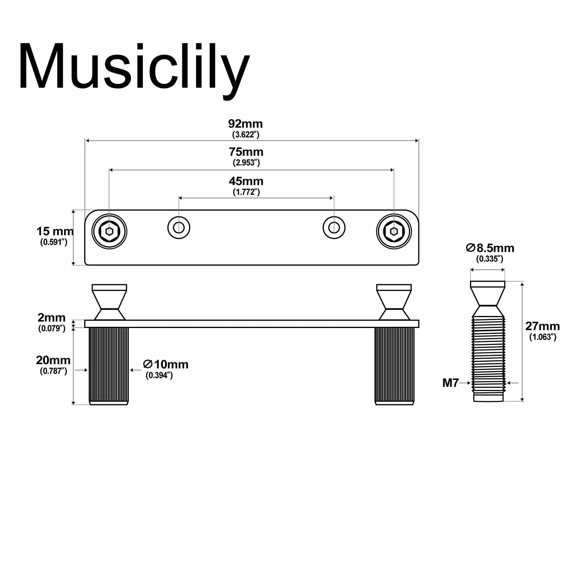 Musiclily Pro Double Blokowany Mostka Tremolo Wspornik i Trzpieni M7 do Gitary Elektrycznej Floyd Rose Style, Czarny