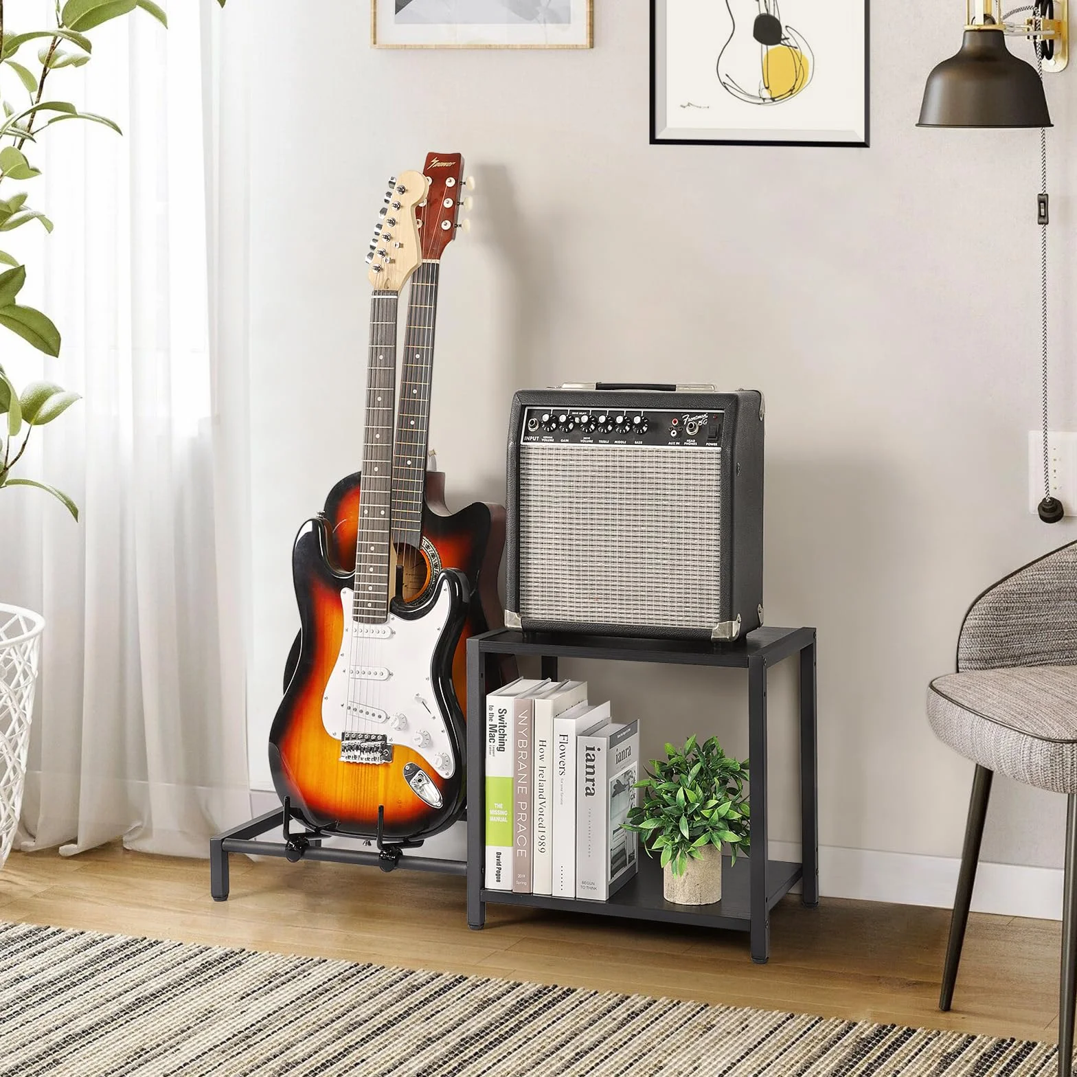 Bikoney Dwupoziomowy Stojak na Gitarę z Półką na Wzmacniacz – Regulowany Stojak na Wiele Gitar i Akcesoriów, Wieszaki na Gitarę do Studia, Domu lub Sceny – Czarny