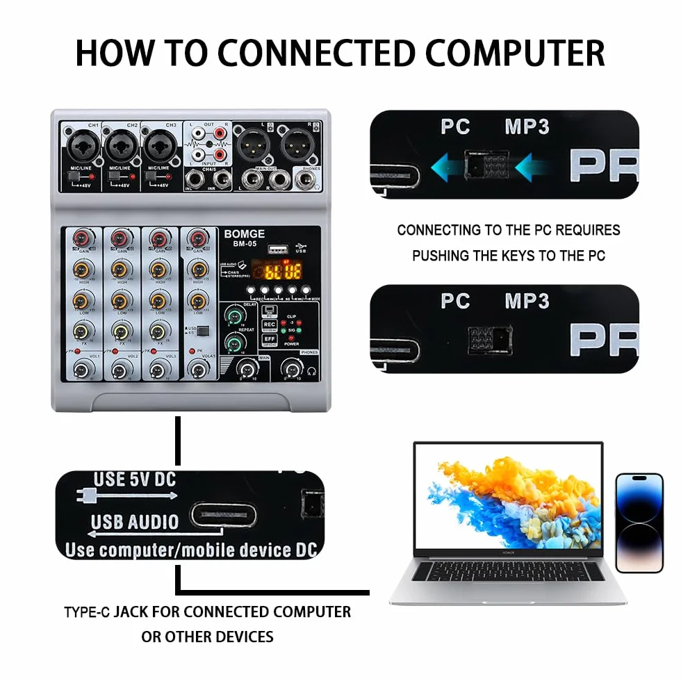 BOMGE Mikser audio 5-kanałowy cyfrowy efekt opóźnienia echa USB Bluetooth 48V Phantom Power