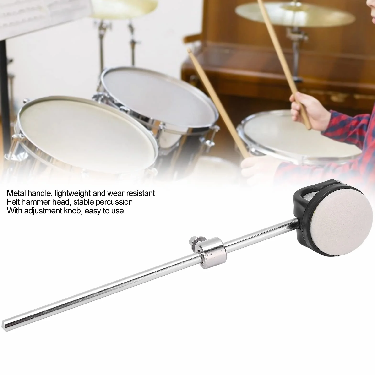 Trzepak do Bębna, Regulowany Ubijak do Bębna Basowego Ubijak do Bębna Bębnowego z Filcową Główką Młotka i Metalowym Uchwytem Lekki Metalowy Instrument Perkusyjny Akcesoria do Zestawu Perkusyjnego
