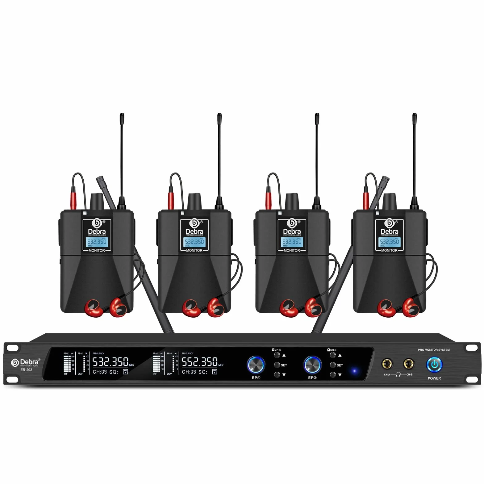 D Debra Audio PRO ER-202 UHF Dwukanałowy bezprzewodowy system nadzoru dousznego z nadajnikiem i odbiornikiem, do studia nagrań, muzyka, nadzoru (4 sztuki w zestawie z nadajnikiem)