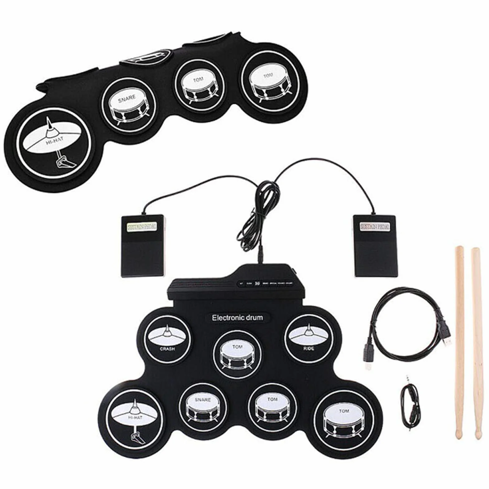 USB Roll Up Drum Pad do ćwiczeń 7 Podkładek Silikonowa Perkusja Elektroniczna 5 Strojów 8 Utworów Demonstracyjnych 3 Rytmy