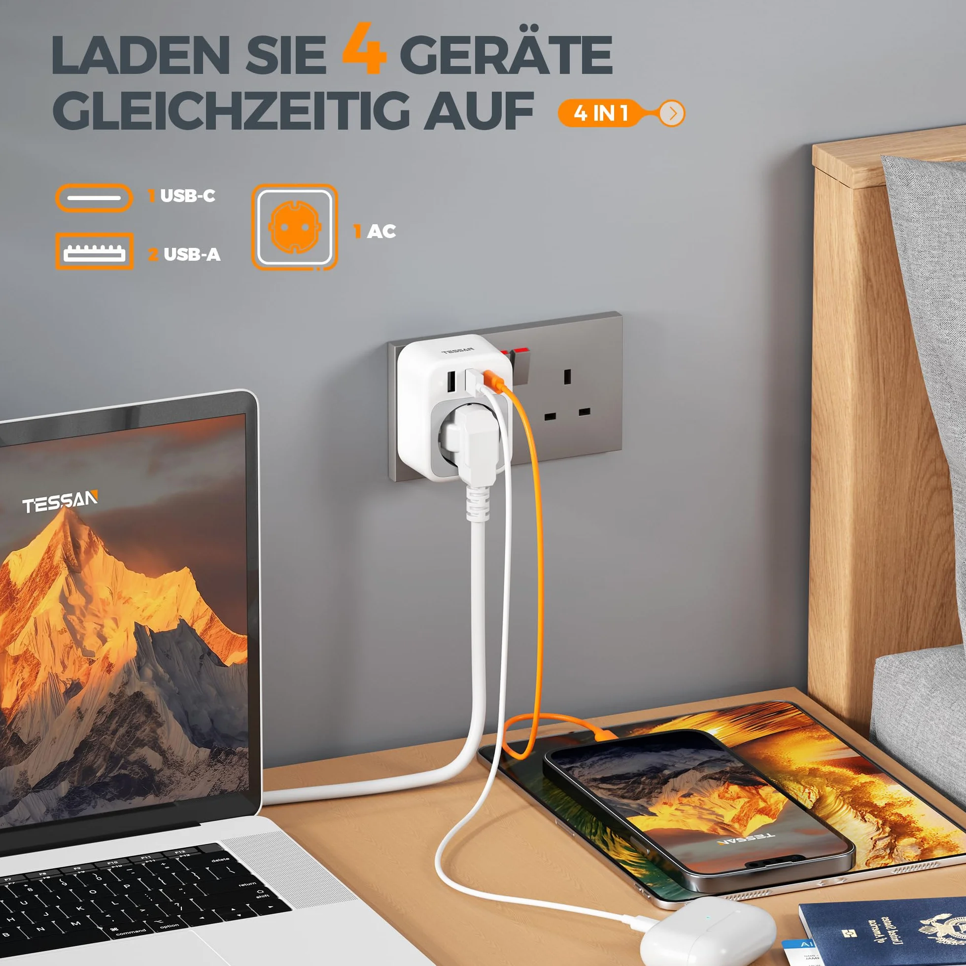 TESSAN Adapter Anglia Niemcy Wtyczka, 4 w 1 Adapter UK z USB C i 2 USB A, Przenośny adapter gniazdowy Anglia, Adapter podróżny UK 3250 W, Adapter podróżny typu G dla Wielkiej Brytanii, Irlandii