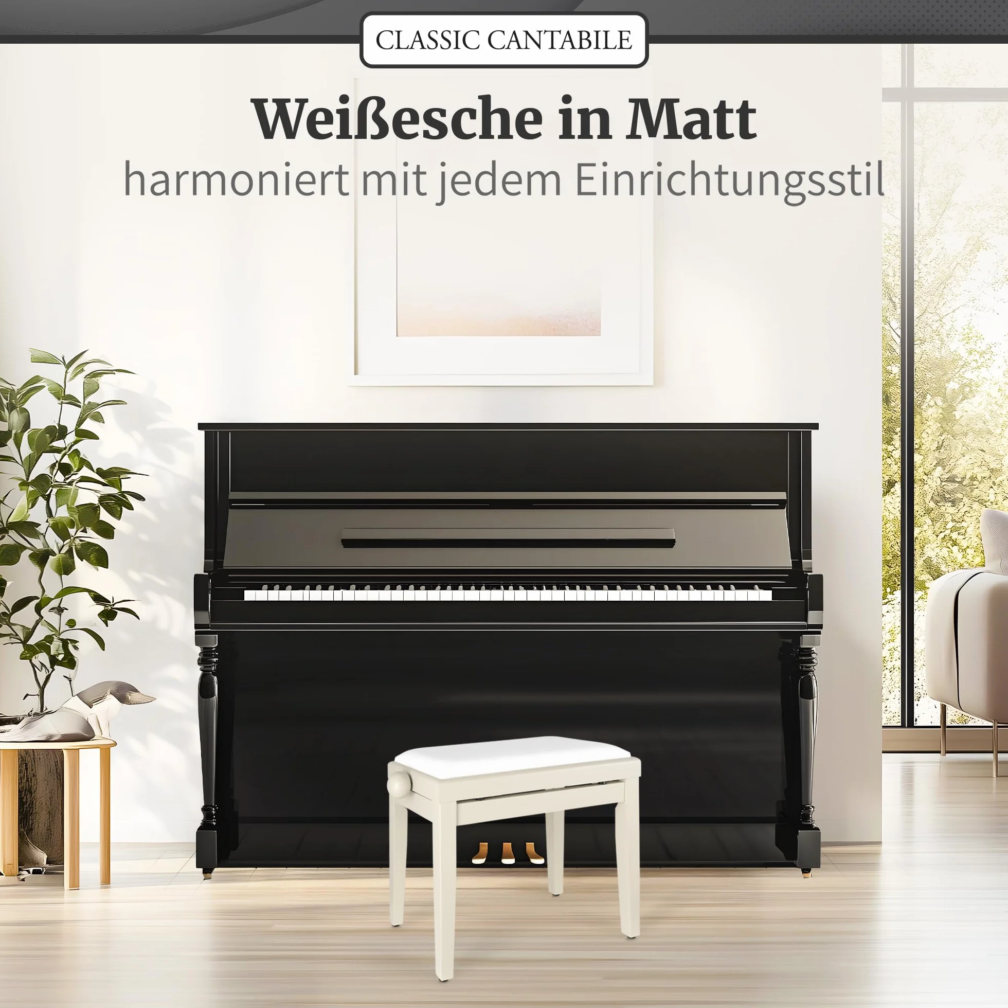 Classic Cantabile Matowa biała jesionowa ławka fortepianowa