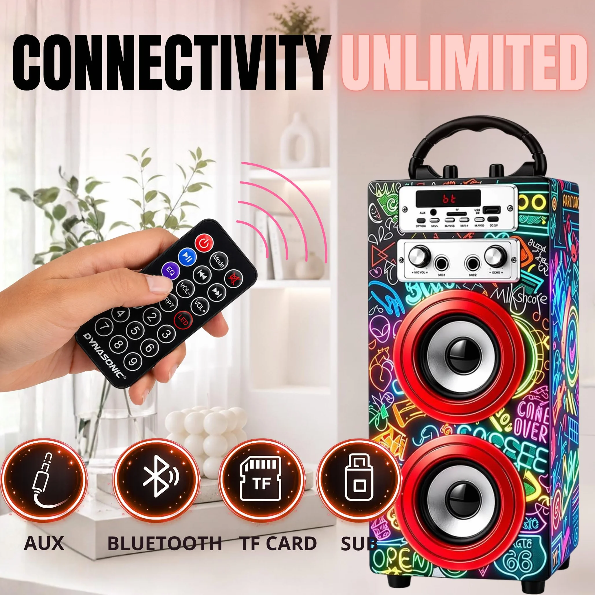 DYNASONIC Przenośna maszyna do karaoke Bluetooth 2 mikrofony światła czytnik USB SD