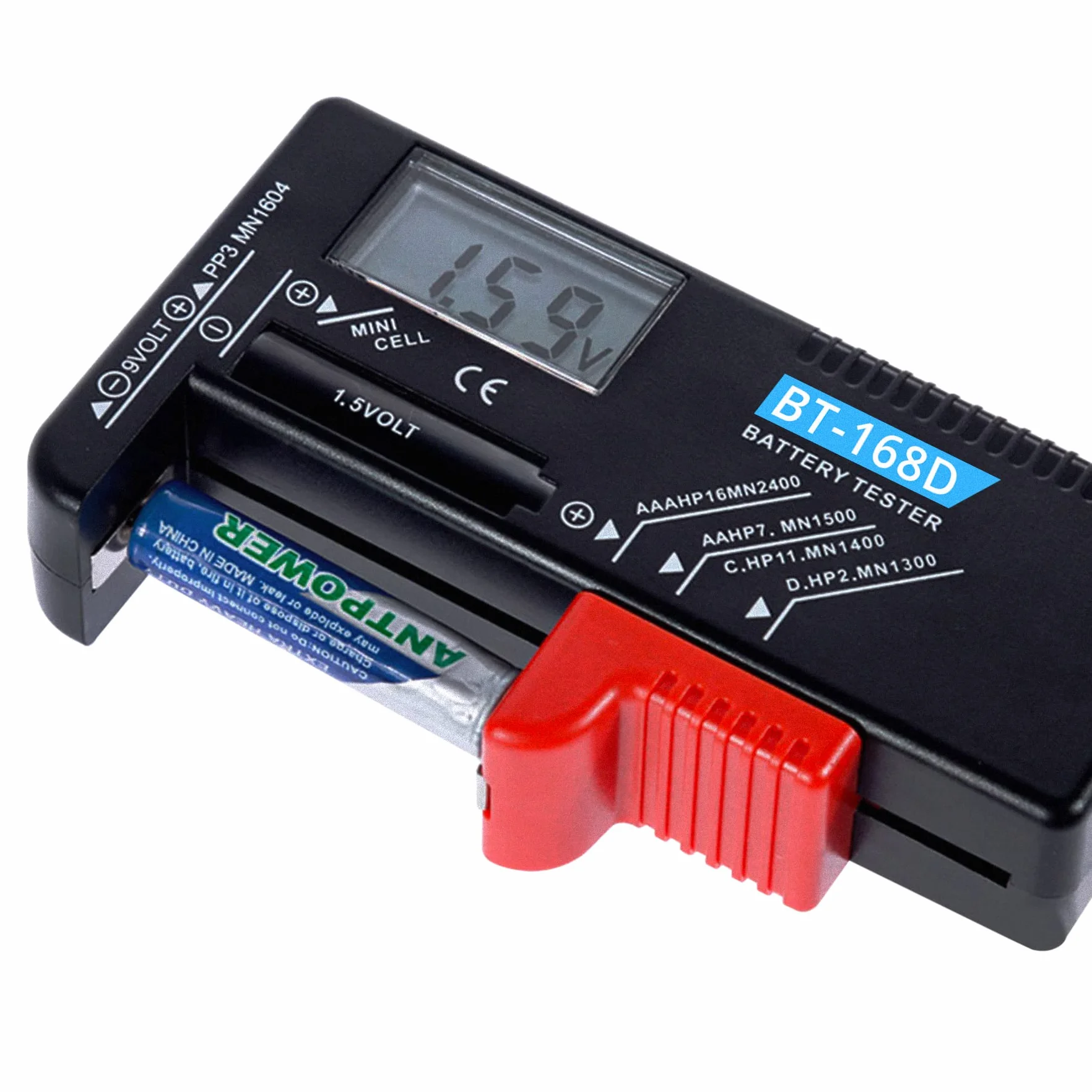Retoo Cyfrowy tester baterii AAA, AA, CR, przycisk 1,5 V, 3,7 V, 9 V, wskaźnik naładowania/woltu, sprawdzania i miernika