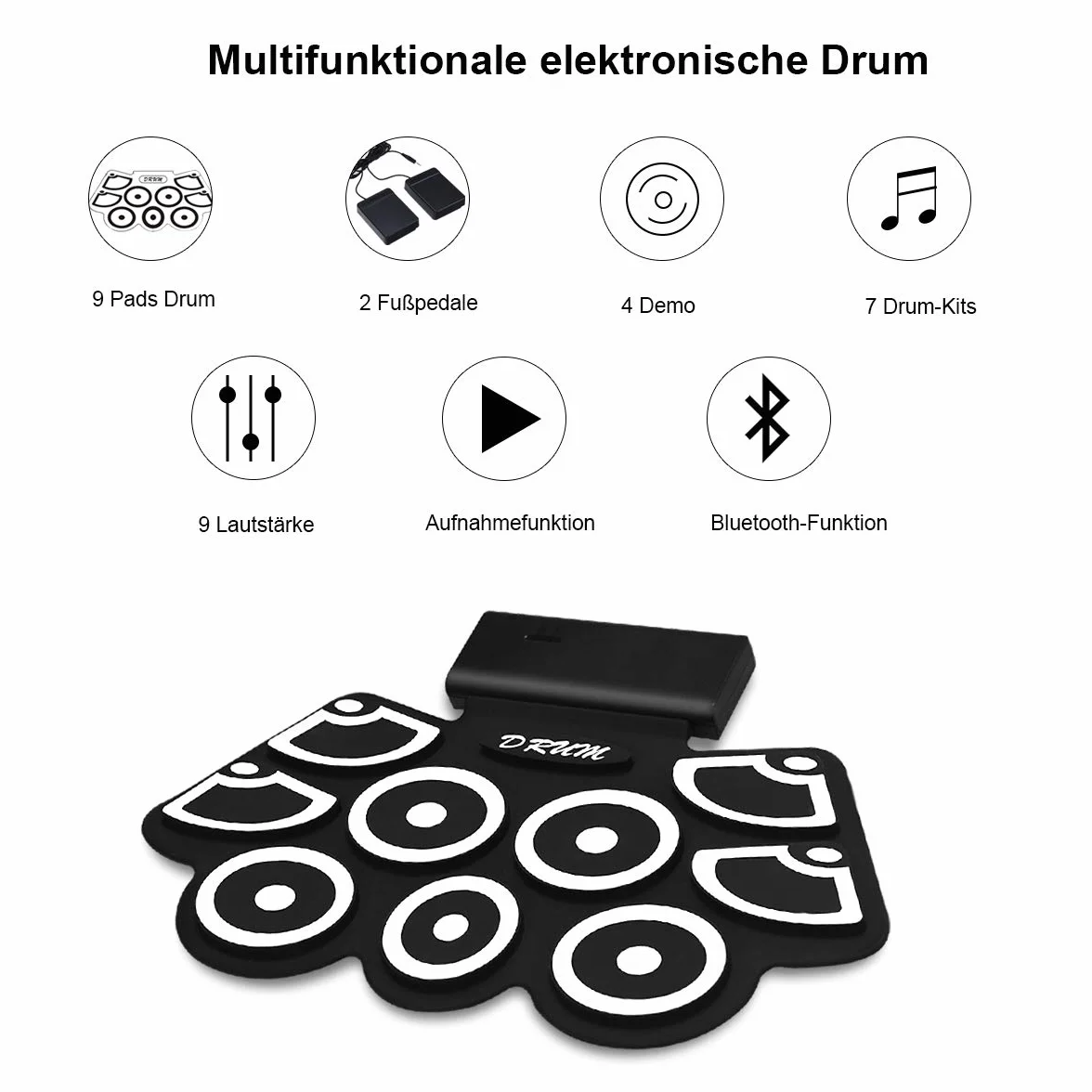 COSTWAY 9 padów perkusji elektrycznej, zestaw perkusji elektronicznej z Bluetooth, bęben zwijany z pedałami i pałeczkami perkusyjnymi dla dzieci i początkujących, czarny