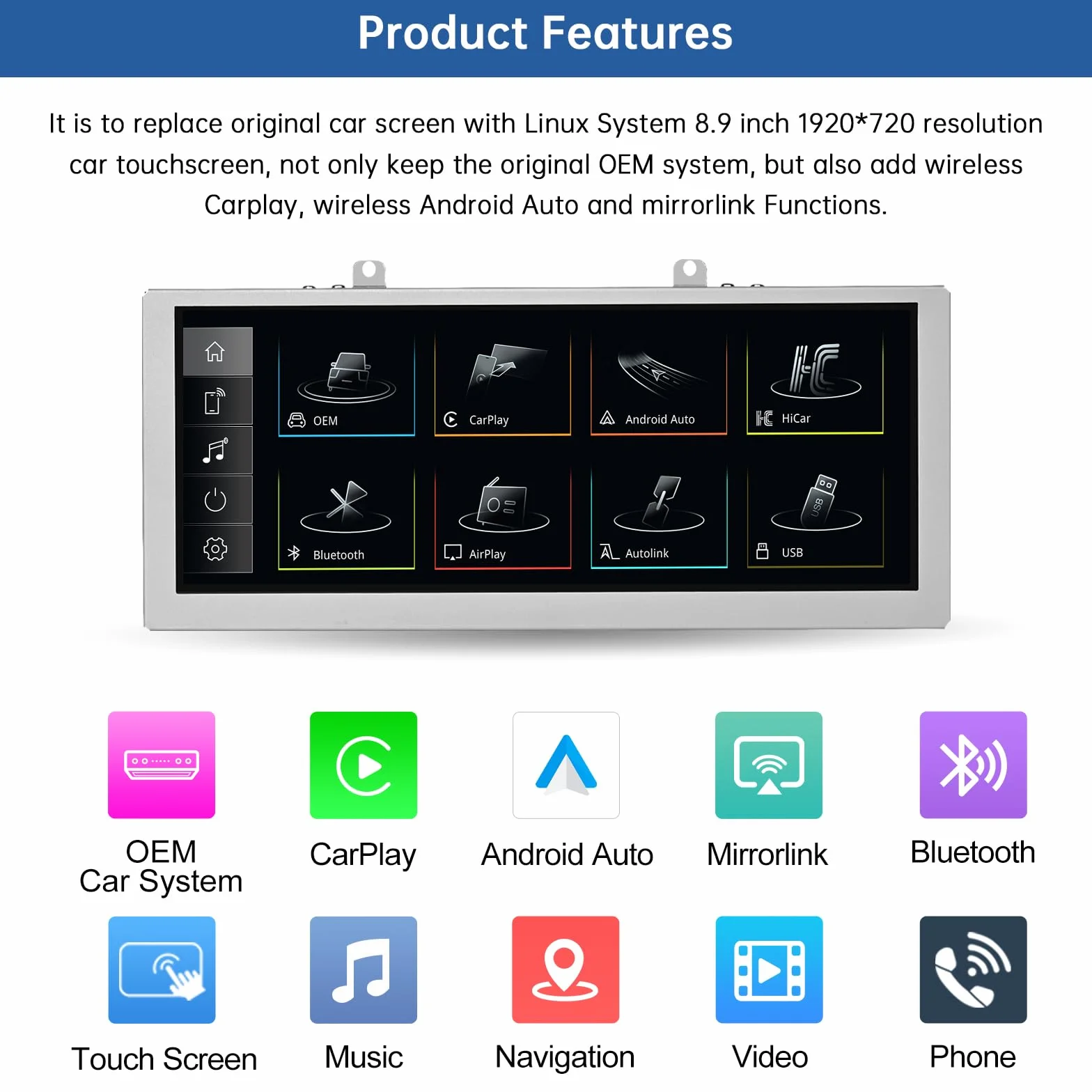Road Top 8,9 cala Bezprzewodowy ekran dotykowy radia samochodowego CarPlay dla Audi Q5 2009-2017 rok z 3GMMI, multimedialny ekran stereo radia samochodowego, obsługa bezprzewodowego Android Auto