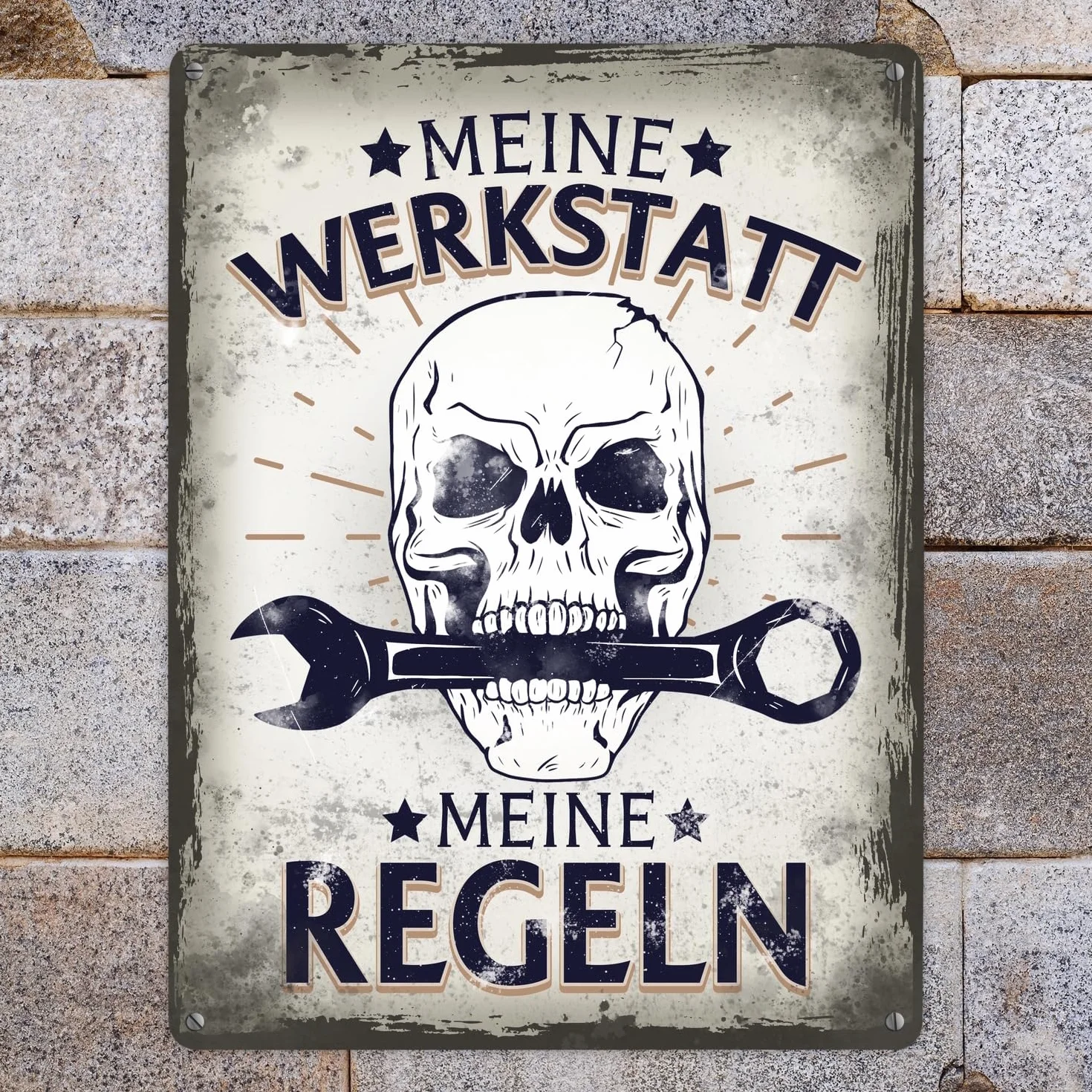Meine Werkstatt meine Regeln mit trupia Czaszka Metalowa tabliczka XXL 28 x 38 cm jako prezent dla wszystkich hobbystów i majsterkowiczów jako tabliczka na drzwi do warsztatu, aby podkreślić miłość do