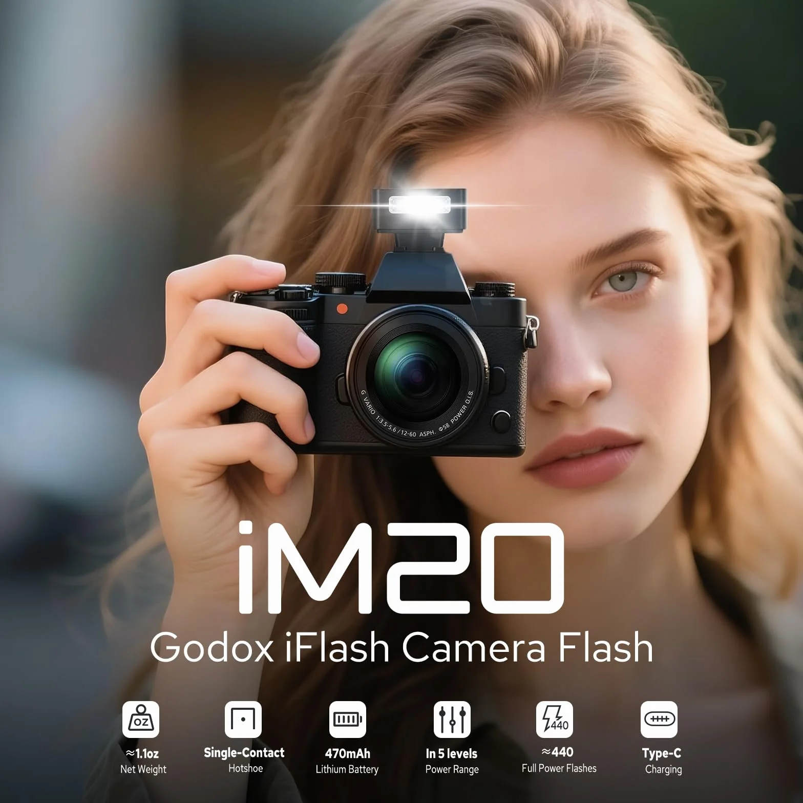 Godox iM20 Mini Flash dla Canon, Sony, Fuji, Nikon 6000K±200K z kontrolą optyczną S1 / S2.3s Czas ładowania, Około baterii litowej, Lekka przenośna mini flash aparatu