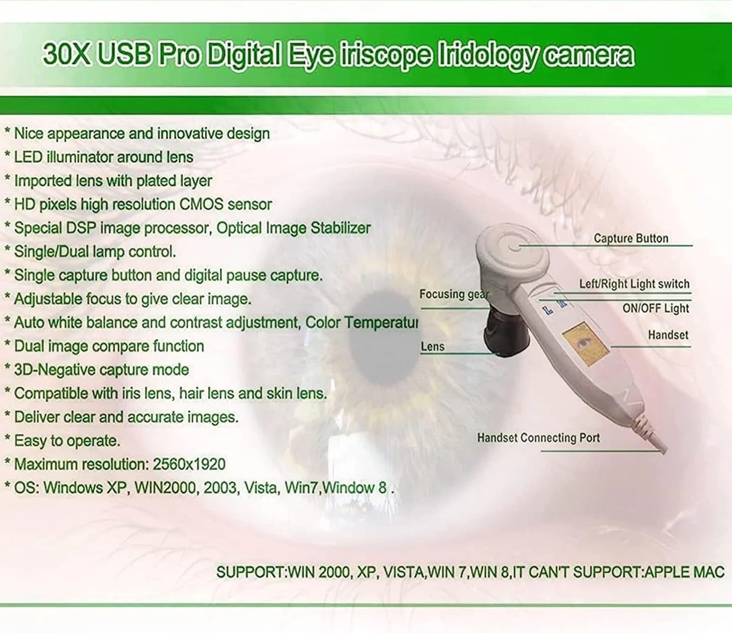 Analizator tęczówki USB Irydoskop, kamera o wysokiej rozdzielczości z obiektywem HD 30x Iris i oprogramowaniem do analizy, precyzyjna kamera irydologiczna do szczegółowego badania wzroku.