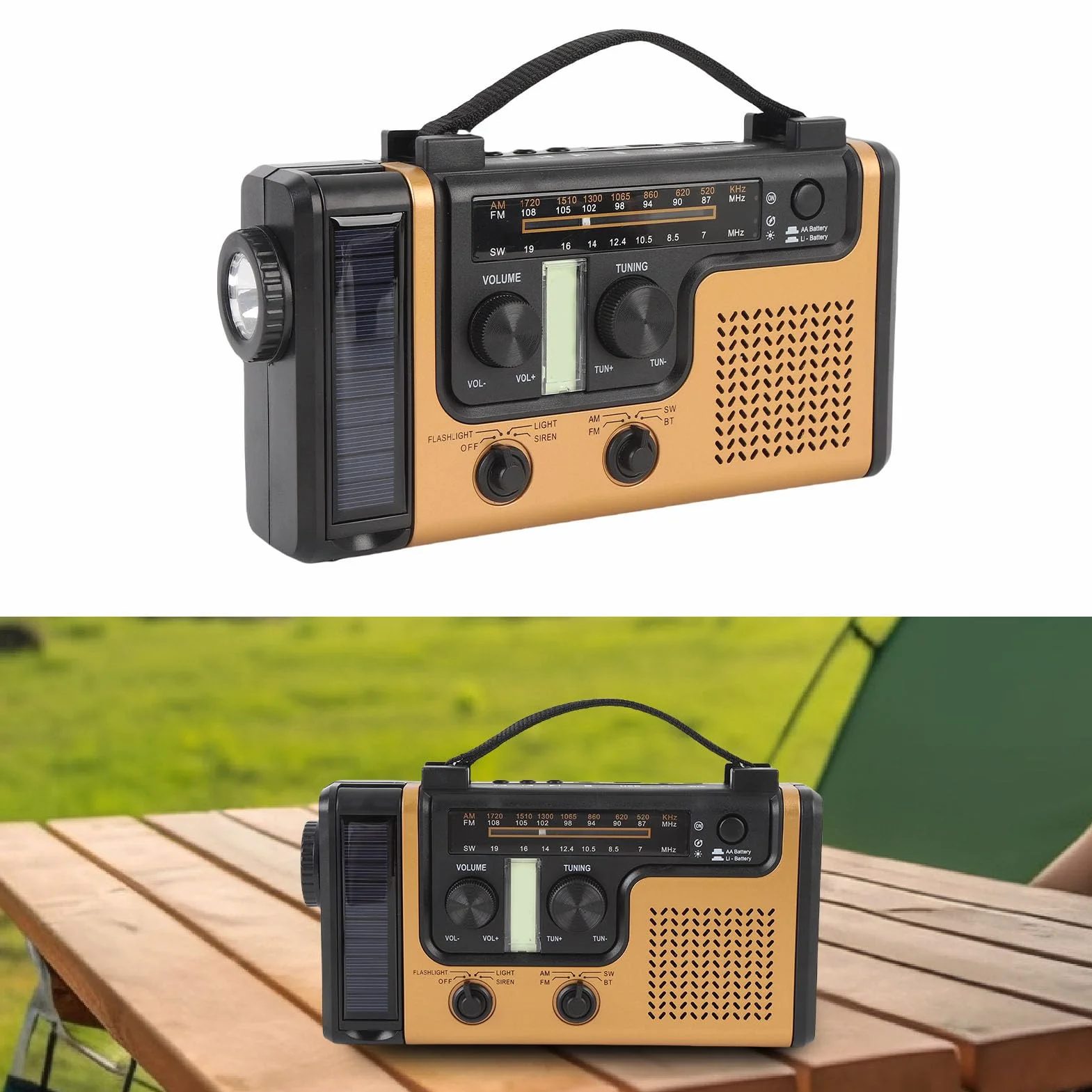 AM FM Solar Radio Radio, Bluetooth 5.0 Ręcznie Przenośne Radio z latarką, Alarm SOS, ładowarka do Telefonu Komórkowego, Małe Radia Pogodowe na Kemping, Awaryjne