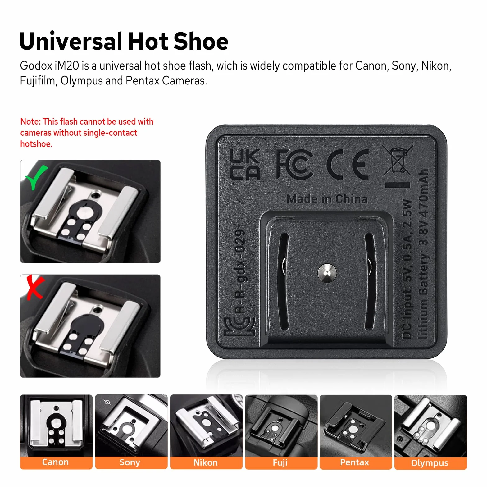 Godox iM20 Mini Flash dla Canon, Sony, Fuji, Nikon 6000K±200K z kontrolą optyczną S1 / S2.3s Czas ładowania, Około baterii litowej, Lekka przenośna mini flash aparatu
