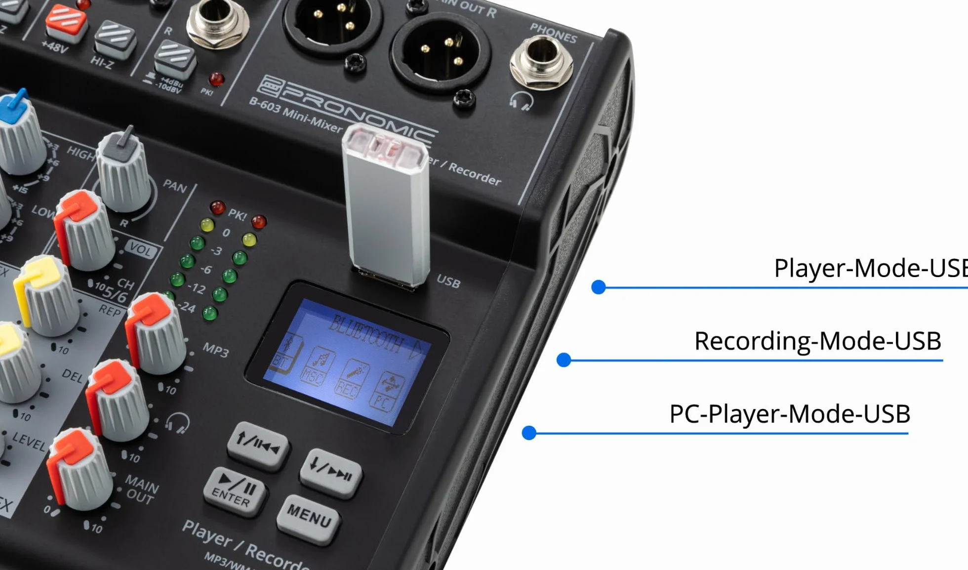 Pronomic B-603 mini mikser z Bluetooth® i USB Recording – kompaktowy 6-kanałowy mikser – 4 kanały z gniazdami combo, zasilaniem fantomowym i przełącznikiem Hi-Z – port USB – główne wyjścia w formacie