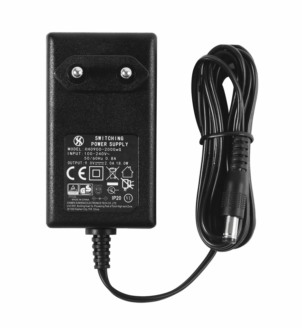 Zasilacz sieciowy AC do DC 9 V 2 A, wtyczka 5,5 mm x 2,1 mm, wtyczka EU, środek ujemny, XH0900-2000WG