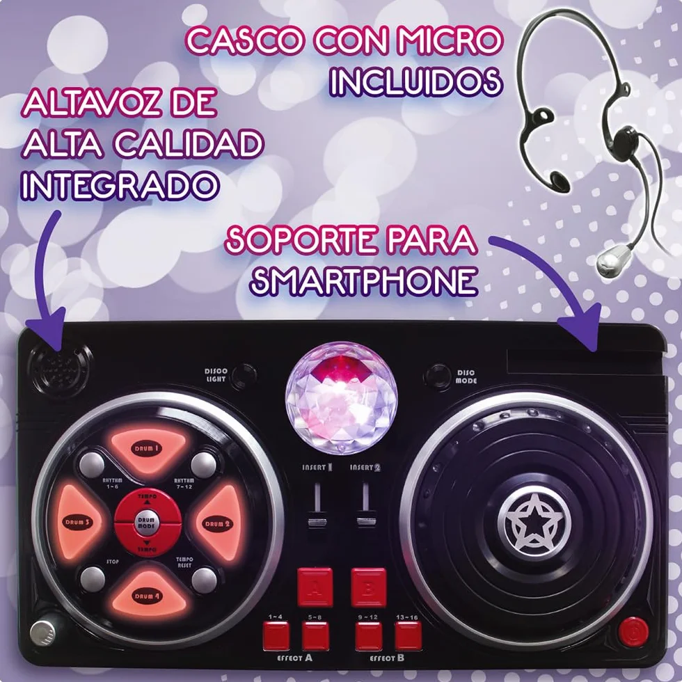 Deqube - Mikser DJ z różnymi podstawami i efektami, zawiera świecącą kulę disco, połączenie Bluetooth z urządzeniami, kolor czarny, średni (916D00040)