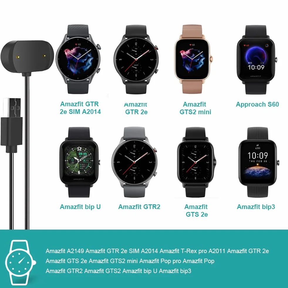 Ainiv Ładowarka Kompatybilna z Amazfit GTR 2 2e, GTS 2 2e, GTS2/GTS4 Mini, Pop, Bip 3 PRO, Bip U, T-Rex (Nie Do T-REX) - 2-Pinowy Kabel USB Do Ładowania 14 mm 60 cm
