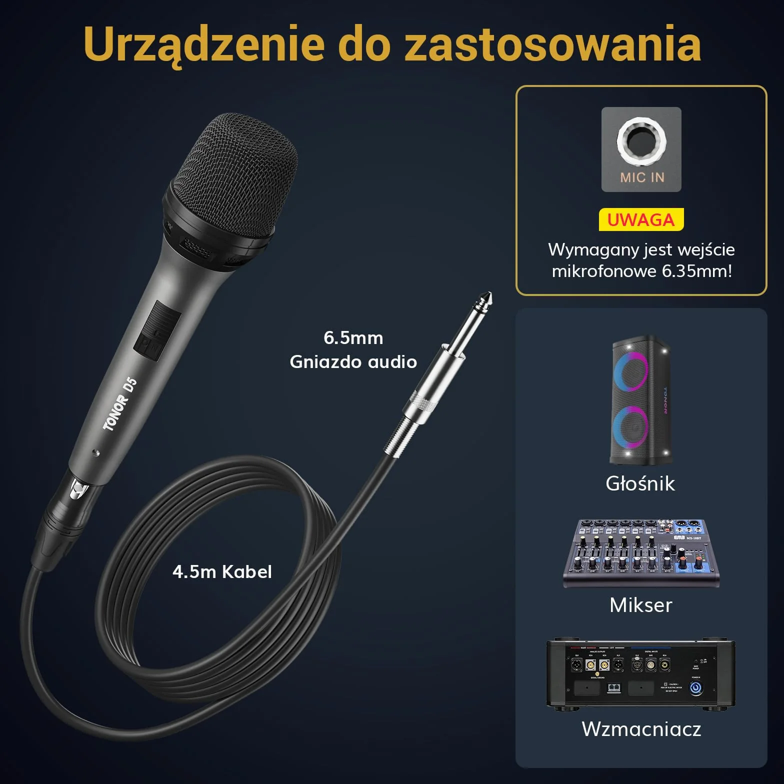 TONOR Dynamiczny Mikrofon Wokalny do Śpiewu, Ręczny Przewodowy Mikrofon do Karaoke, Kardioidalny Mikrofon Studyjny z Kablem XLR o Długości 4.5M, Odpowiedni do Głośników, Mowy i Aktywności