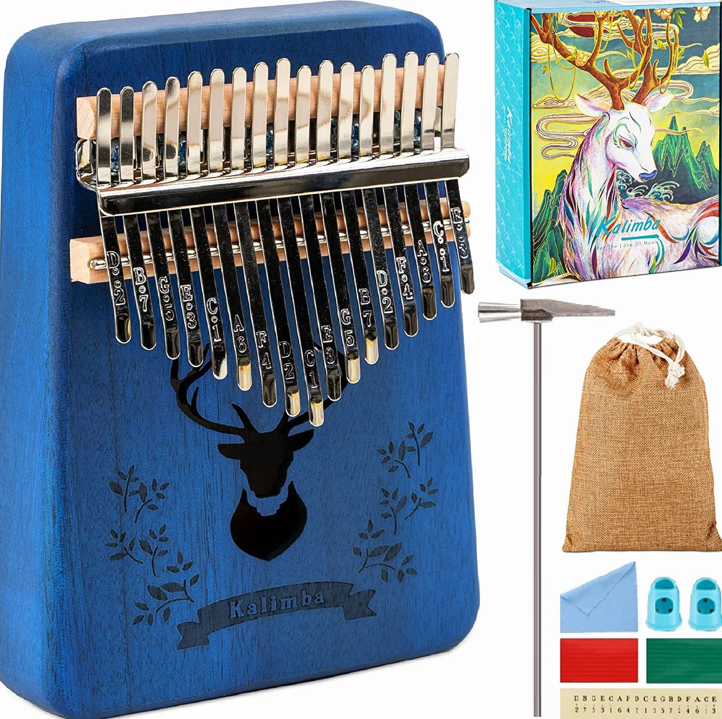 Kalimba afrykański instrument muzyczny zestaw 17 przycisków, drewno, idealny dla początkujących i dzieci, ręczne pianino, zestaw kalimba z akcesoriami wysoka jakość (niebieski)