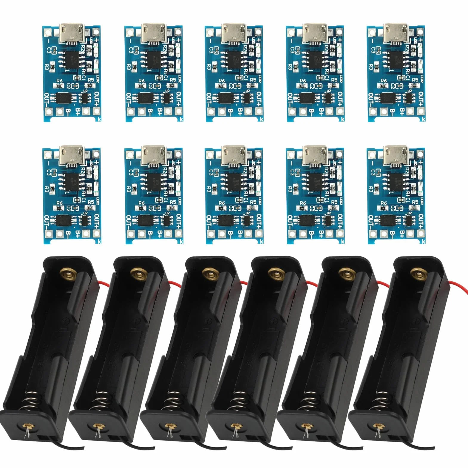 10 sztuk modułu ładowarki litowo-jonowej USB 5V 1A typu C, 6 sztuk uchwytów na baterie 3,7V z kablami podłączeniowymi, jednoszynowa płyta ładująca i podwójne funkcje ochronne (10 sztuk Micro USB +