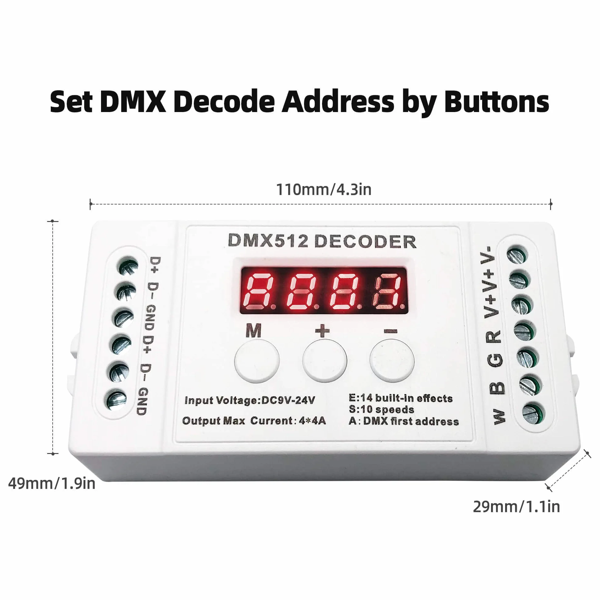GIDEALED 4-kanałowy dekoder DMX, RGBW DMX512 dekoder z wyświetlaczem cyfrowym, sterownik ściemniacza PWM 16 A, kontroler LED RGB RGBW DC9-24 V