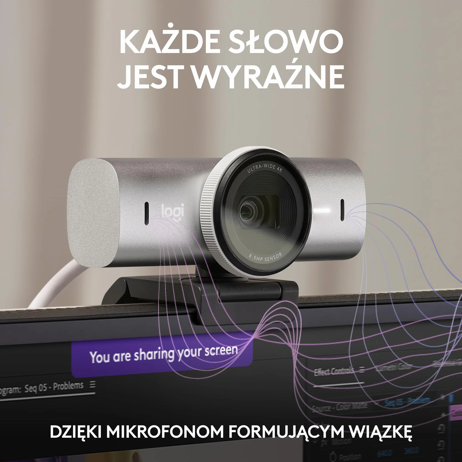 Logitech MX Brio Ultra HD 4K do współpracy i streamingu Kamera, 1080p przy 60 kl./s, mikrofony z podw. redukcją szumów, Show Mode, USB-C, osłona, działa z Microsoft Teams, Zoom, Google Meet, Pale Grey