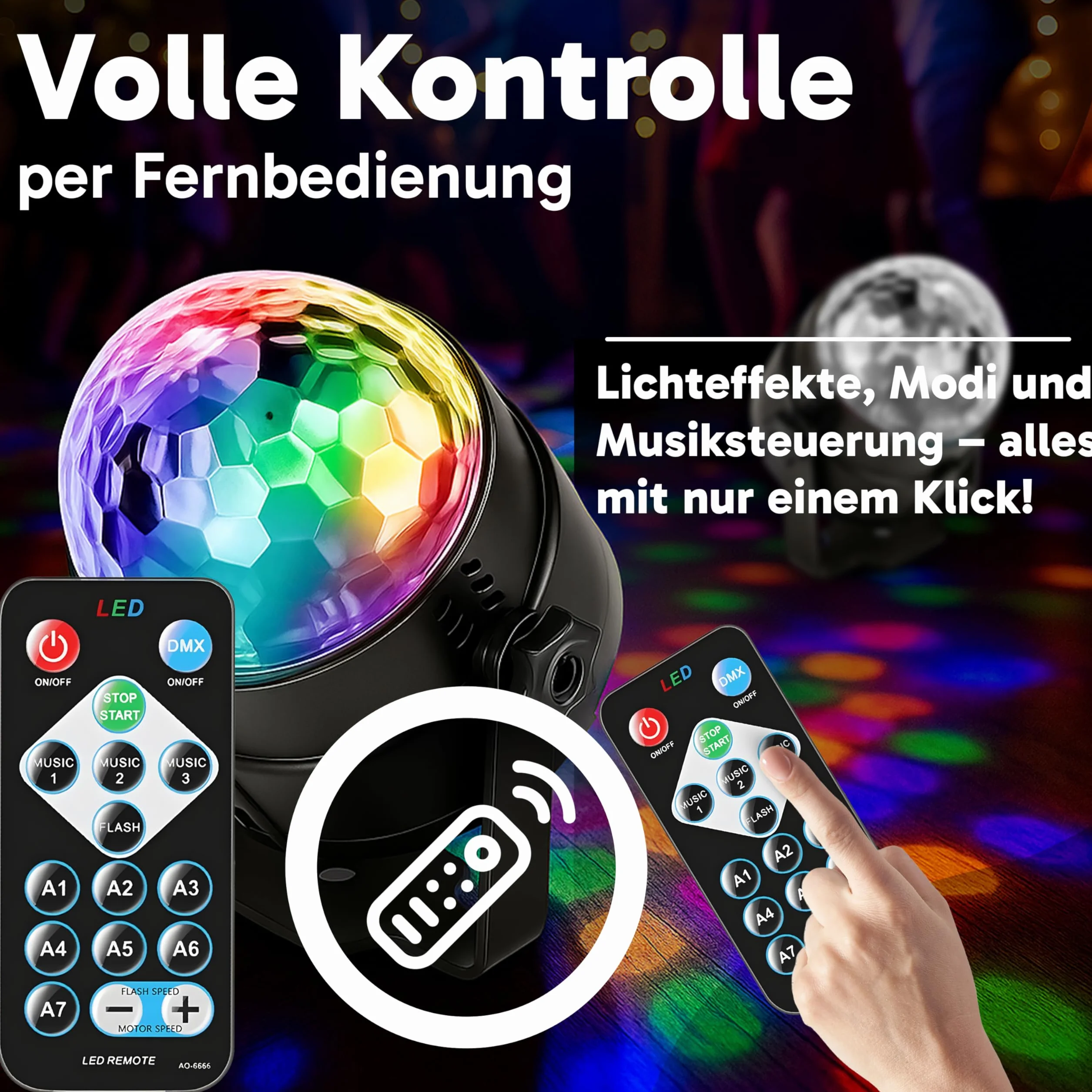 Retoo Kula dyskotekowa, 360° sterowana muzyką, oświetlenie dyskotekowe LED, lampa na imprezę DJ, obracana o 360°, z 3 kolorami światła, lampa dyskotekowa na imprezę, urodziny dziecka, oświetlenie