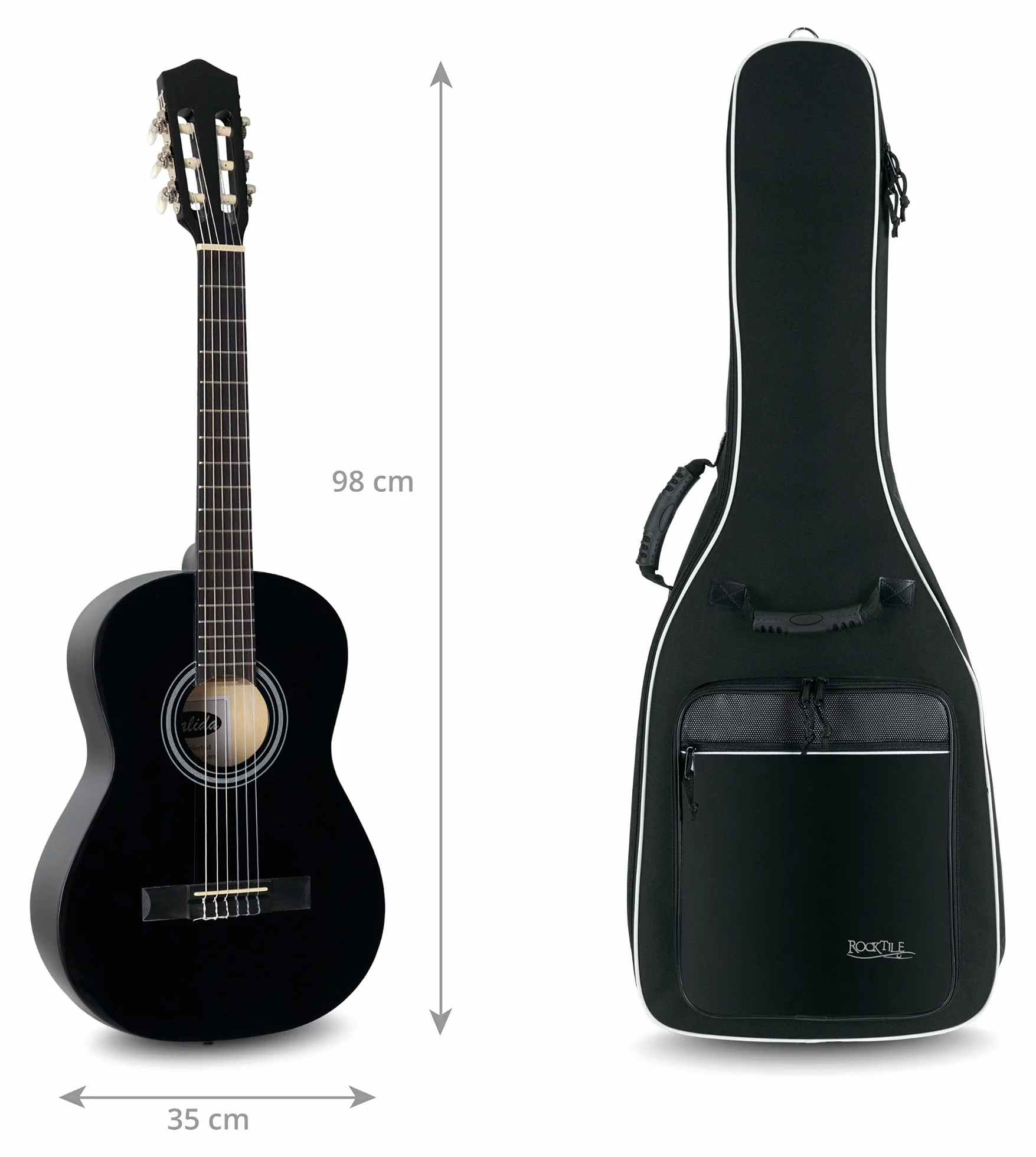 Rocktile Klasyczna torba na gitarę 3/4 i 7/8 (wyściełana torba Gigbag, zestaw plecakowy, 2 kieszenie zewnętrzne), czarna