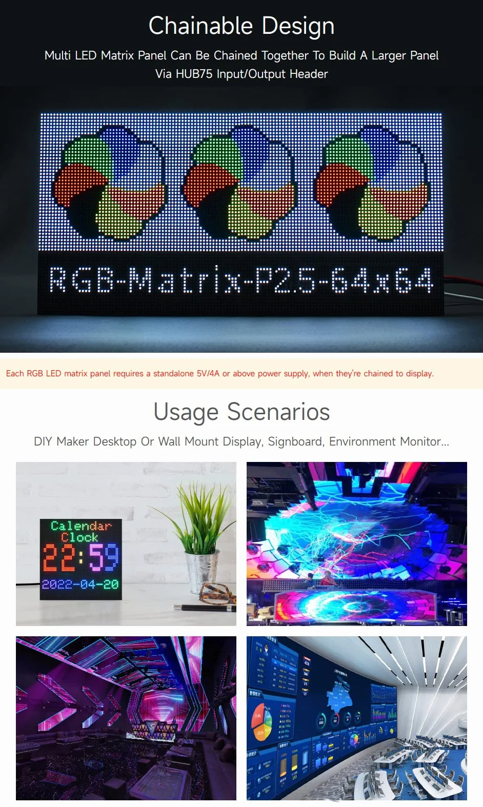Waveshare RGB Full-Color LED Matrix Panel 2.5mm Pitch 64x64 Pixels Adjustable Brightness Compatible with Raspberry Pi/Pico/ESP32