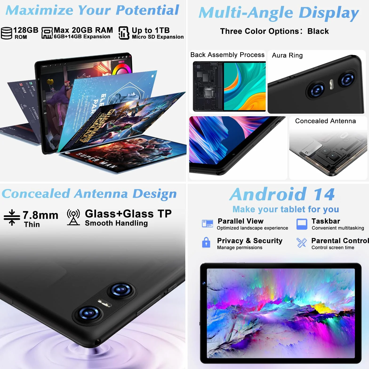 Tablet Android 14 z 5G Wi-Fi 6, 20 GB RAM + 128 GB ROM (z Możliwością Rozszerzenia do 1TB), Widevine L1, 8 Rdzeni, 5MP + 8MP, 6000 mAh, 10-Calowy Tablet z Klawiaturą + Myszą i Etui, Czarny