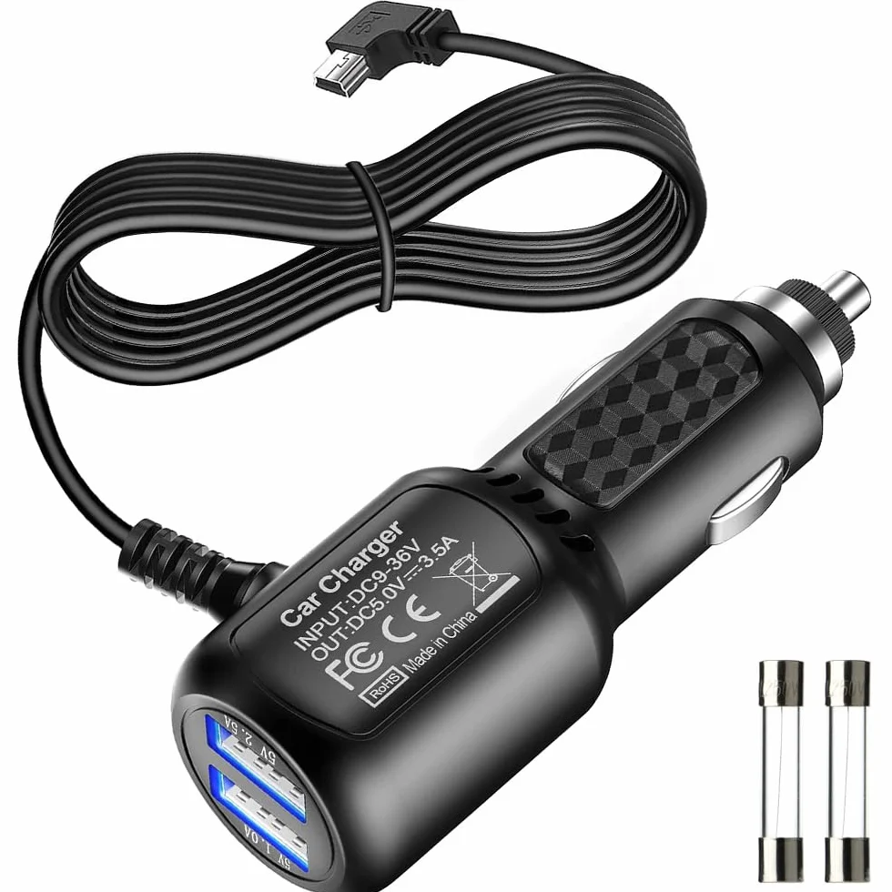 Gebildet Mini USB Power Cord Cable z podwójnym portem USB,Kabel do ładowania Samochodowego o Długości(11.5 stopy/350 cm) do ładowarki Samochodowej Dashcam Camera Charger Power Cable