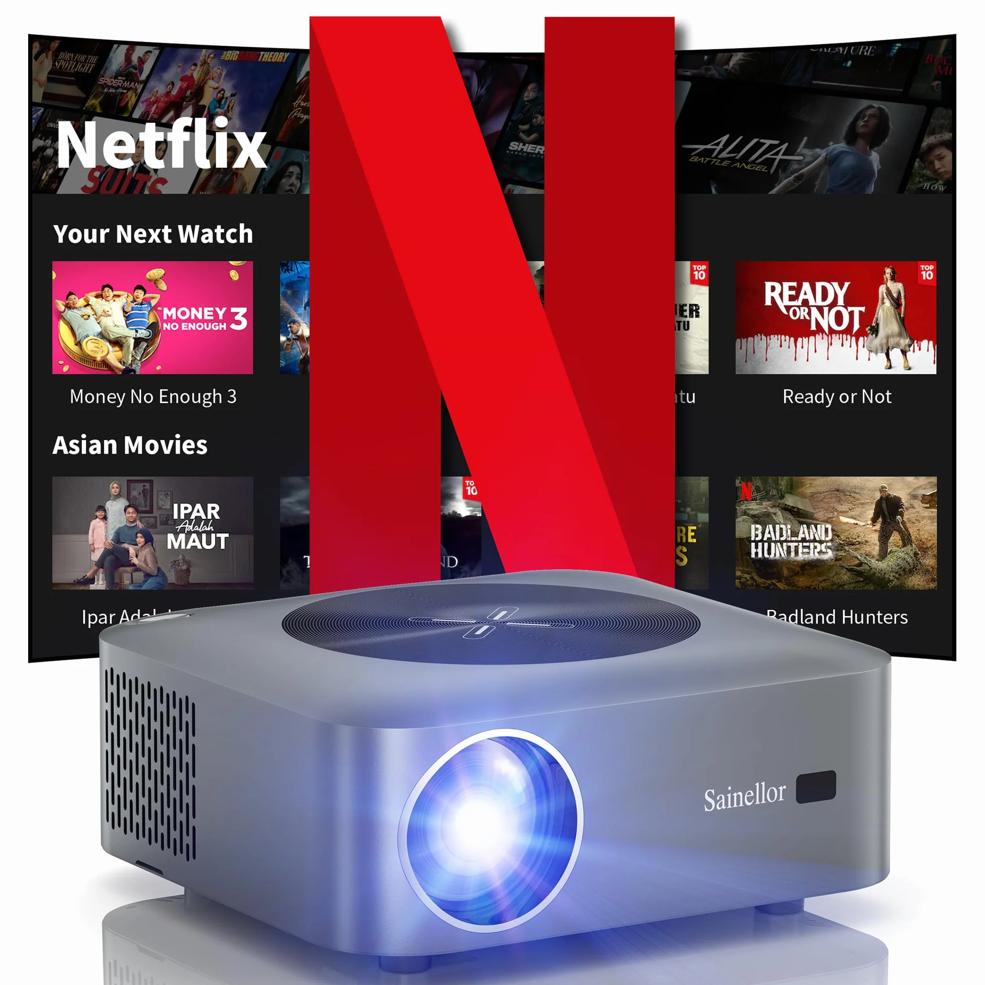 Projektor 4K, Android OS 12.0, 4 GB + 32 GB, miniprojektor z e-fokusem, WiFi6, Bluetooth 5.0, 500 ANSI, FHD 1080P, 4D Keystone, Zoom, kompatybilny z USB, AV, HDMI, smartfonem, laptopem, grami