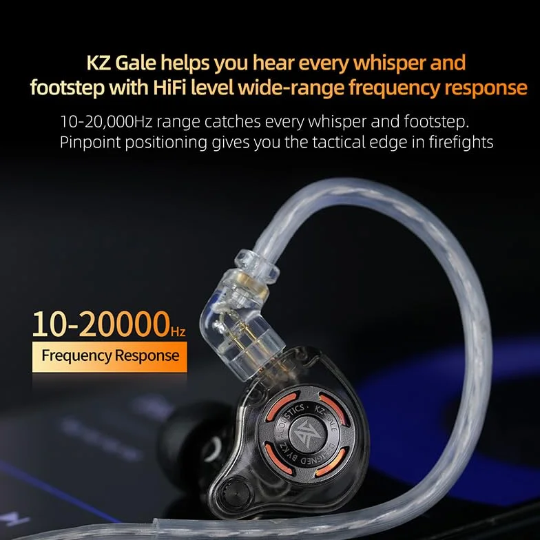 Linsoul KZ Gale Monitory douszne, superliniowy dynamiczny sterownik IEM, ultra-responsywne przewodowe słuchawki douszne do gier Hi-Fi z odłączanym posrebrzanym kablem 2-pinowym (z mikrofonem, czarne)