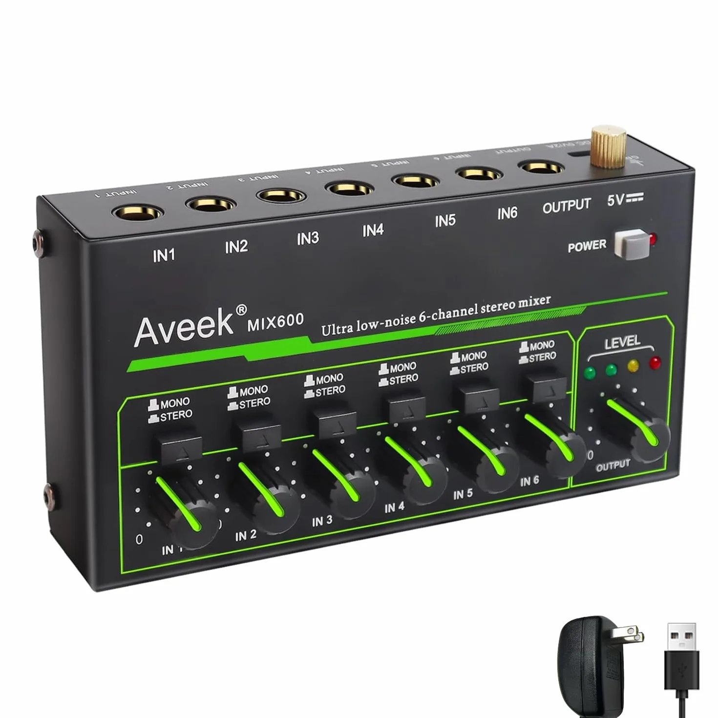 Aveek 6-kanałowy mikser – mini 6-kanałowy mikser audio stereo, niski poziom hałasu dla precyzyjnego podmieszania, wejście/wyjście TRS 1/4 cala, idealny do mikrofonów, gitar, basów, scen