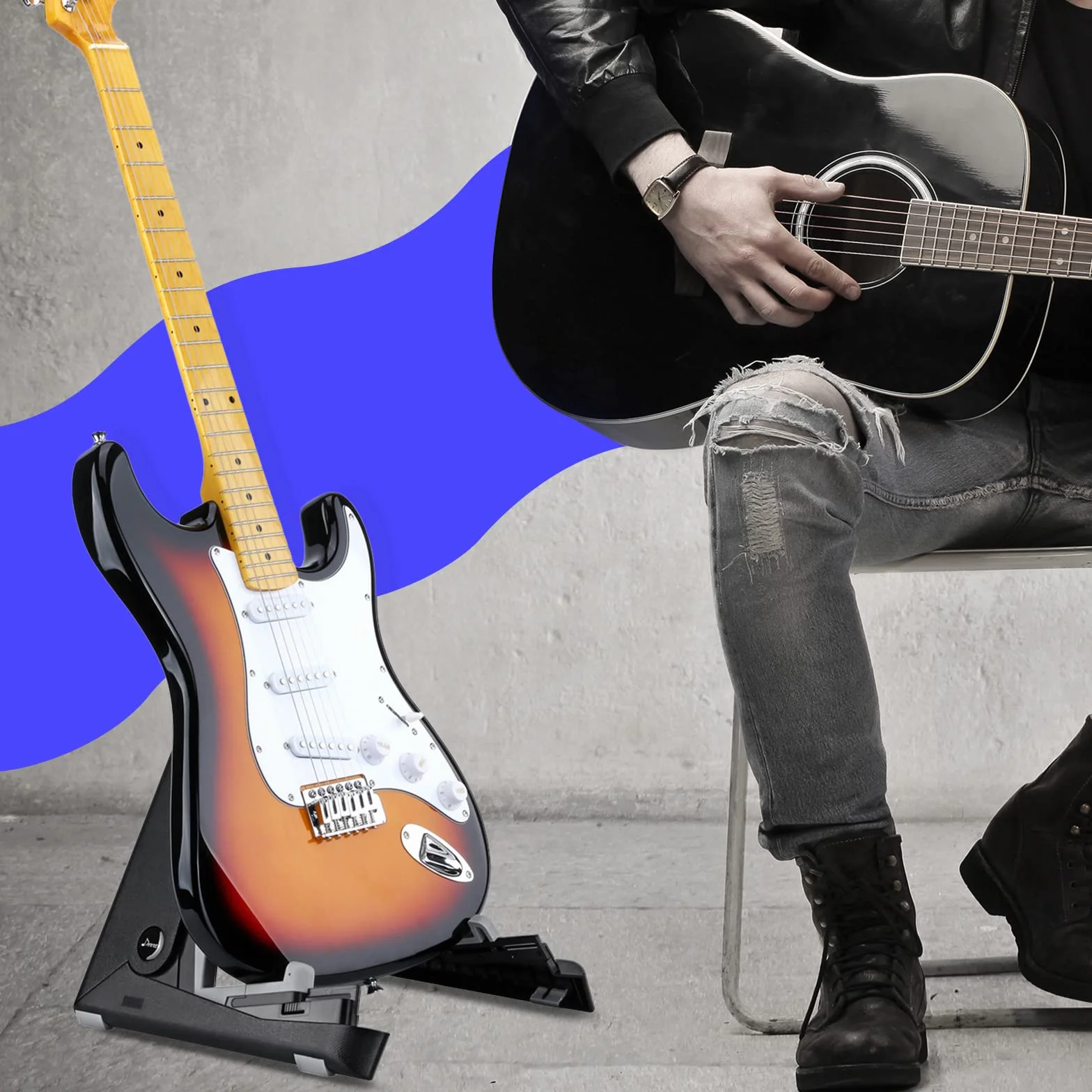 Donner Stojak na gitarę A-rama do akustycznego elektronicznego basu, składany stojak na gitarę, regulowany, przenośny, podwójnie składany, lekki, z silikonowymi podkładkami (DS-2)