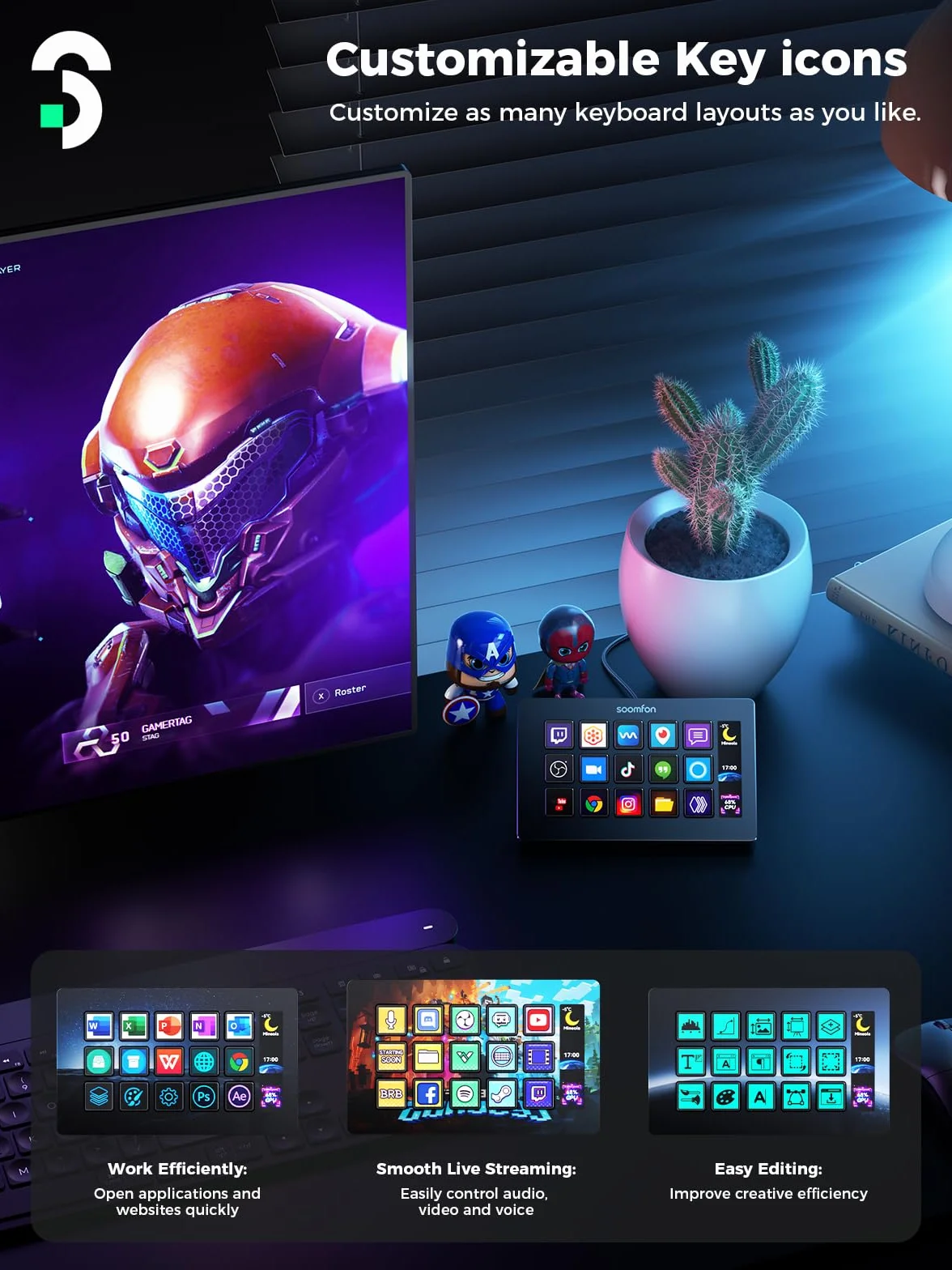 SOOMFON Stream Control Deck, 15-klawiszowy kontroler do nagrań na żywo, przyciski LCD OBS Twitch YouTube