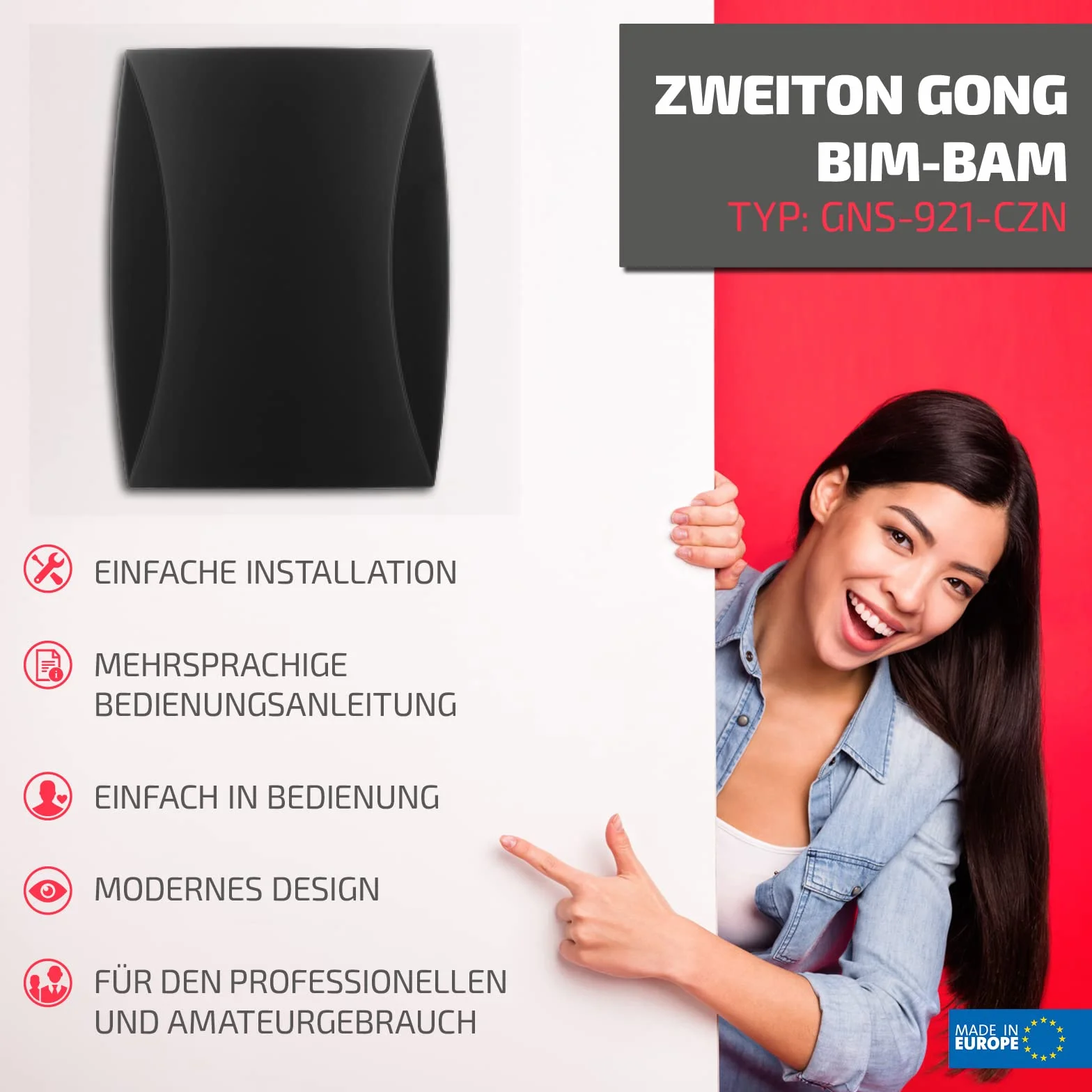 SUNDI GNS-921 dzwonek do drzwi, dzwonek, podwójny dźwięk, 230 V, Bim Bam, czarny