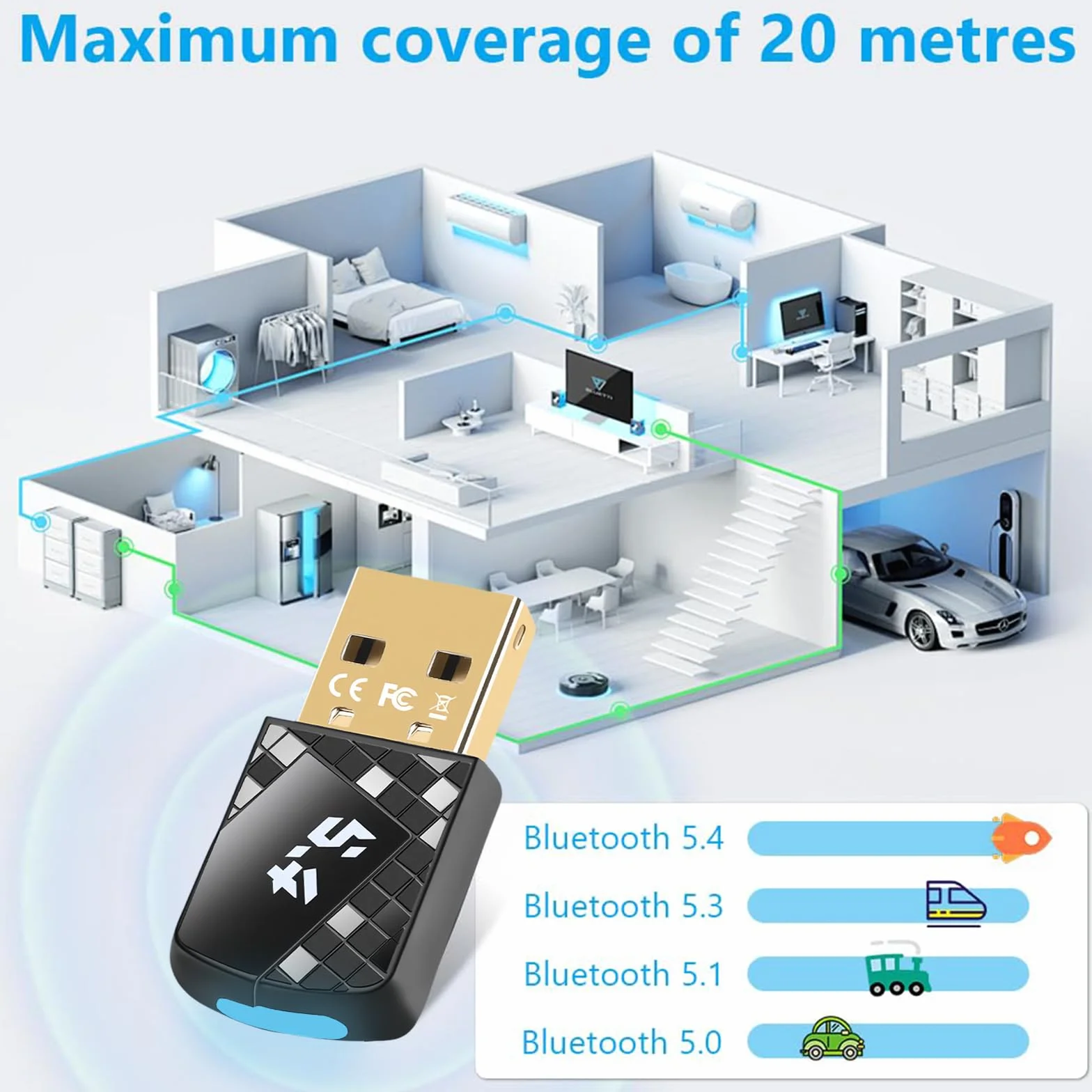 Flintronic Adapter Bluetooth 5.4, klucz Bluetooth USB, klucz Bluetooth 5.4 do klawiatury mysz zestaw słuchawkowy gamepad głośnik słuchawki Plug Play z Windows 7/8.1/10/11