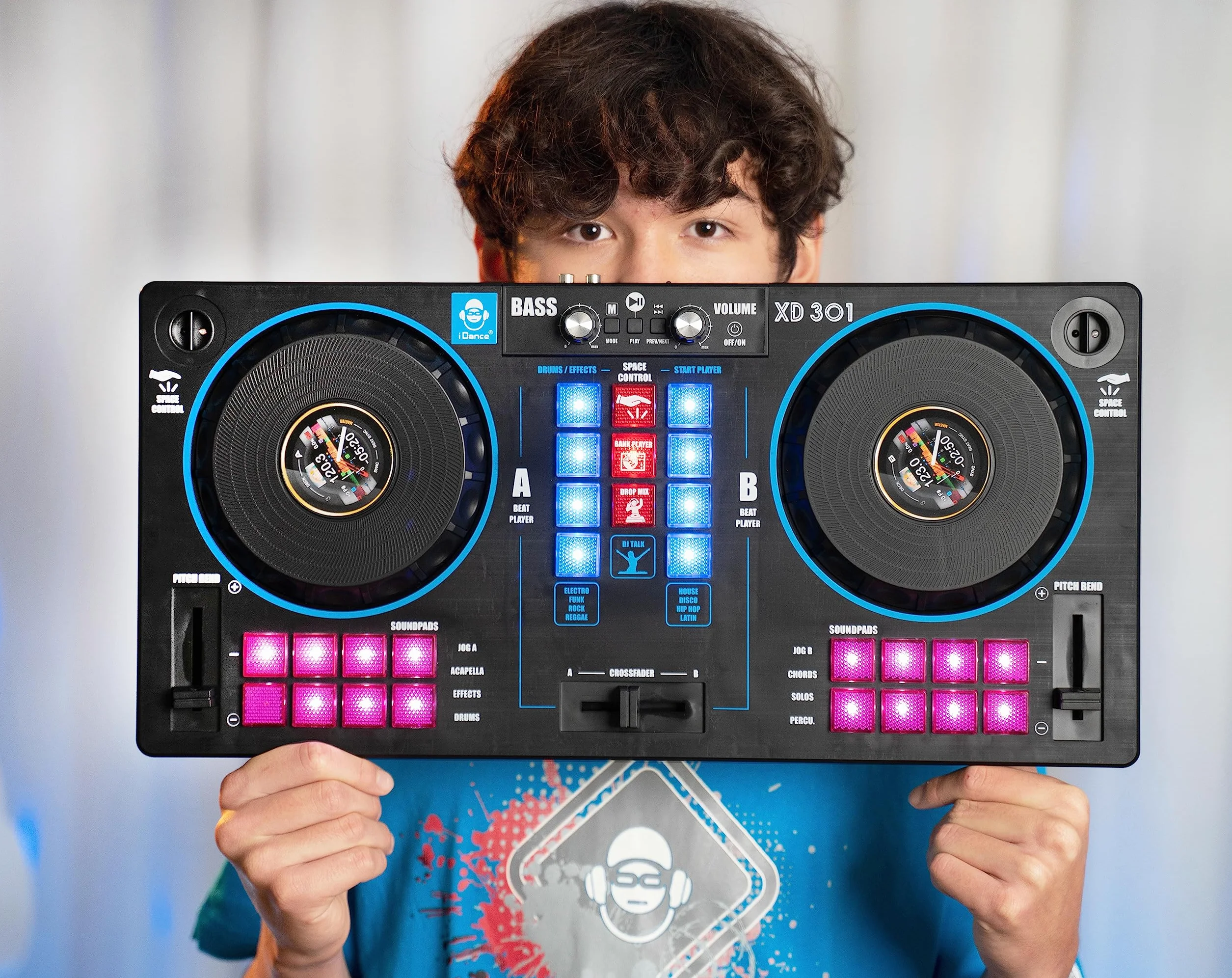 Cefa Toys - Przenośna stacja Dj z głośnikami i sterowaniem kosmicznym 14 w 1, z gramofonem, crossfaderem i ponad 144 kombinacjami miksu, w tym odtwarzacz Bluetooth i USB oraz akumulator